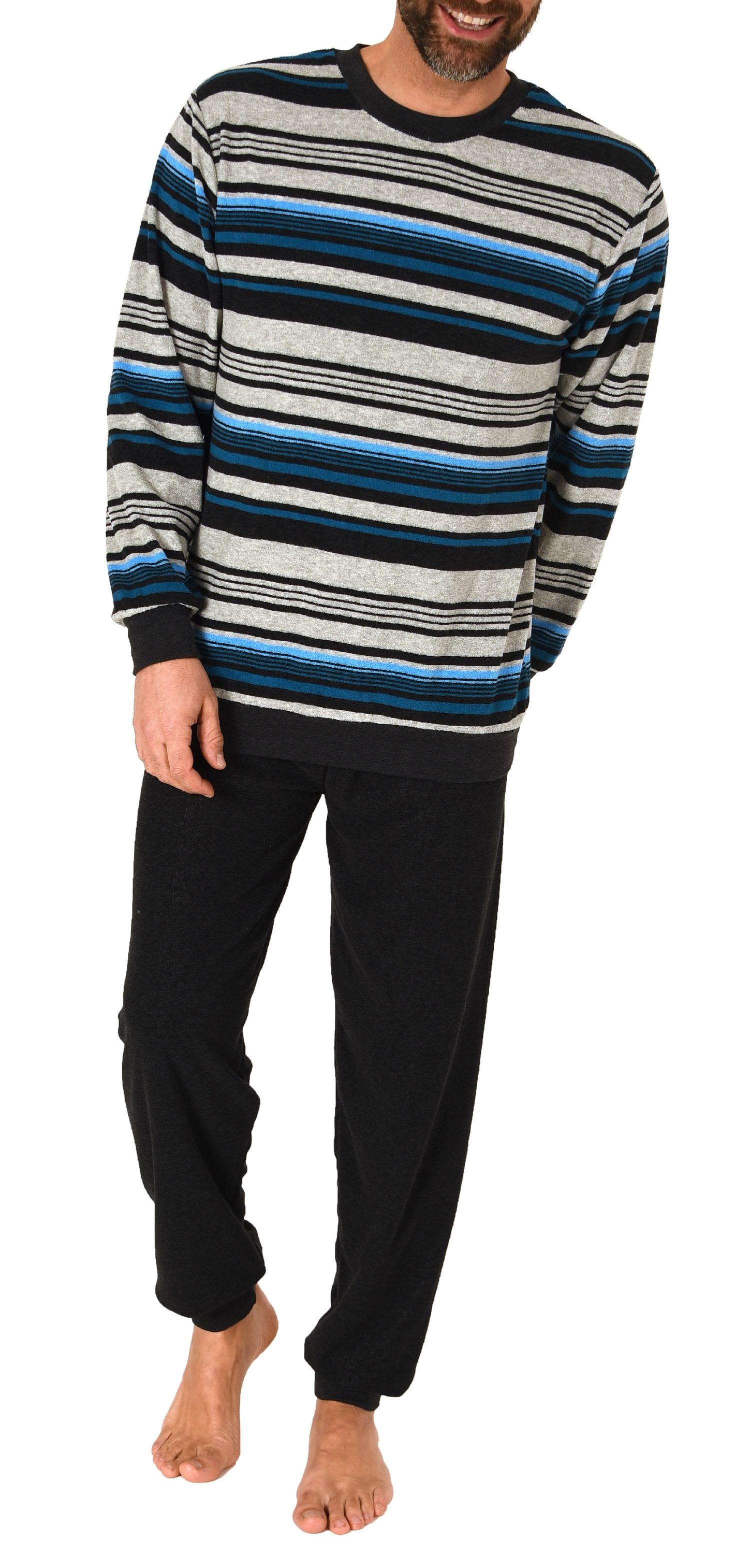 Herren Frottee Schlafanzug langarm mit Bündchen in gestreifter Optik - auch in Übergrößen