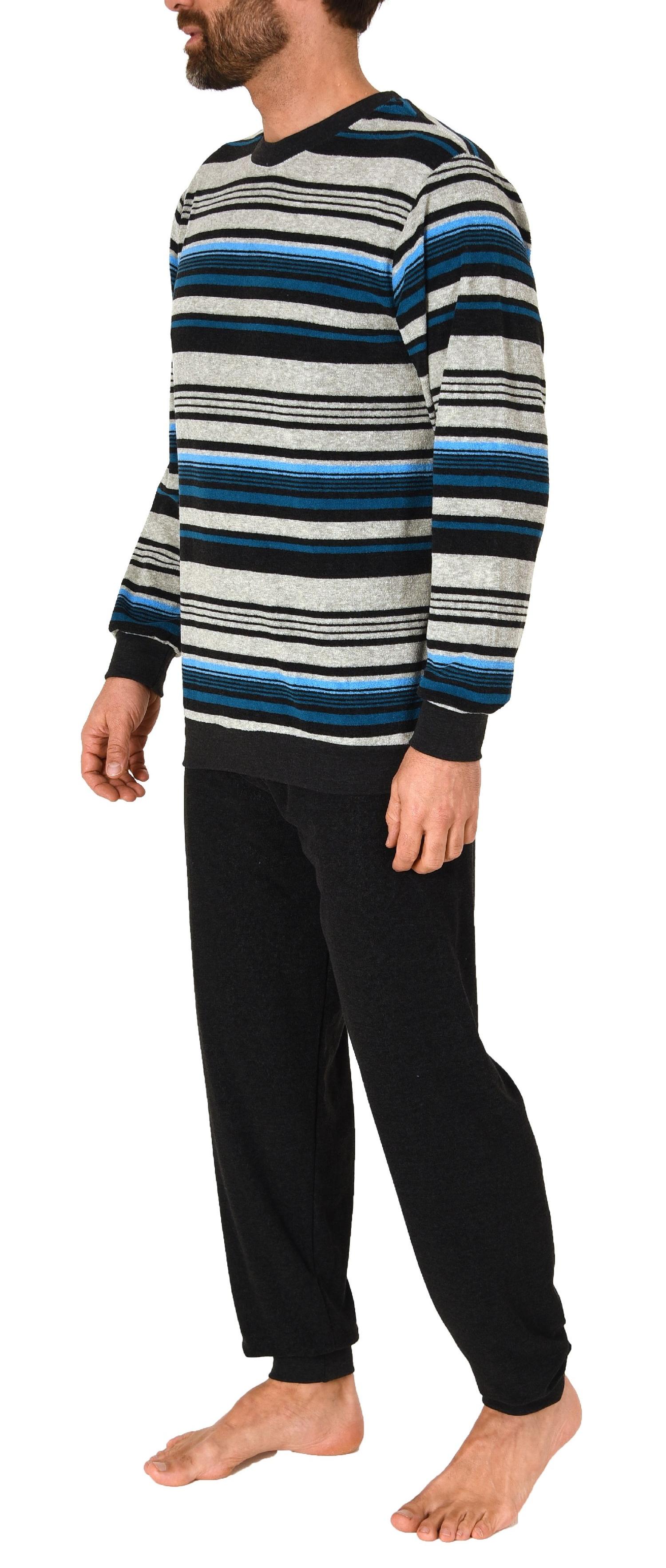 Herren Frottee Schlafanzug langarm mit Bündchen in gestreifter Optik - auch in Übergrößen