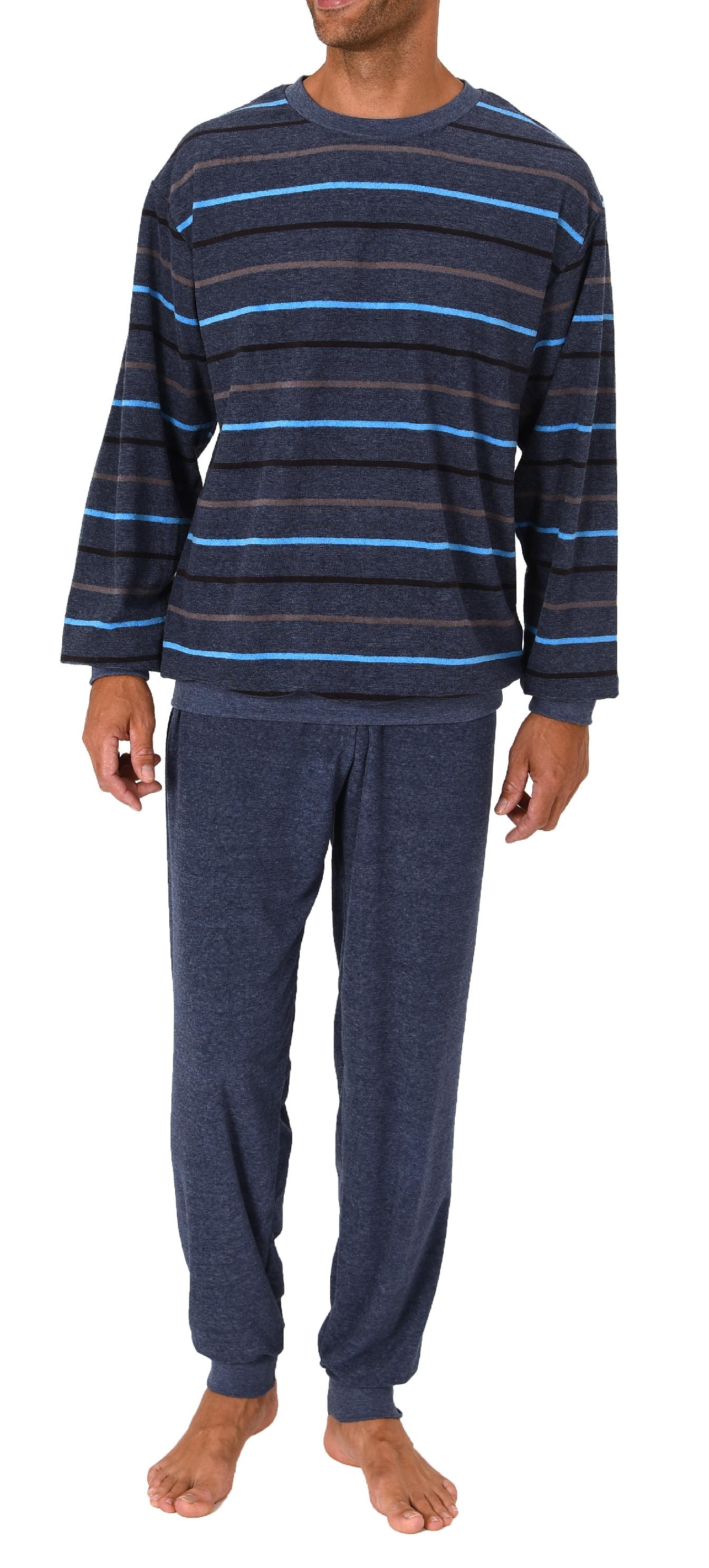 Herren Frottee Schlafanzug langarm mit Bündchen in Streifenoptik - auch in Übergrößen