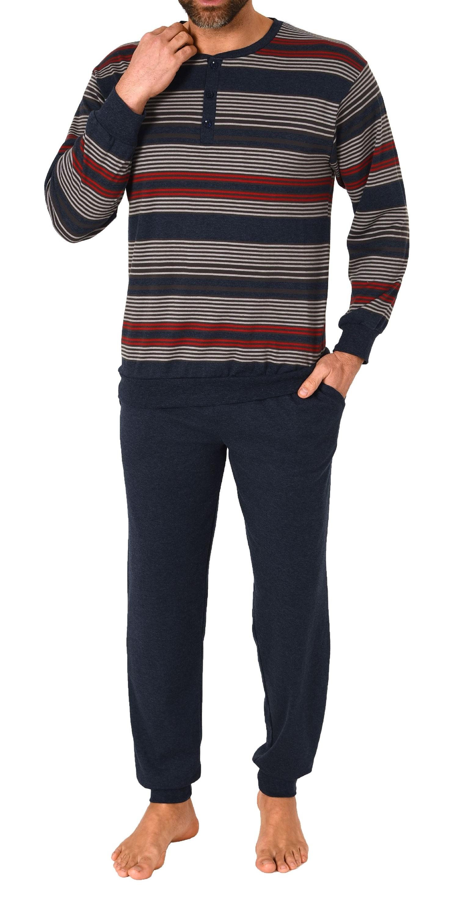 Herren langarm Schlafanzug Pyjama mit Bündchen in warmer Kuschel Interlock Qualität