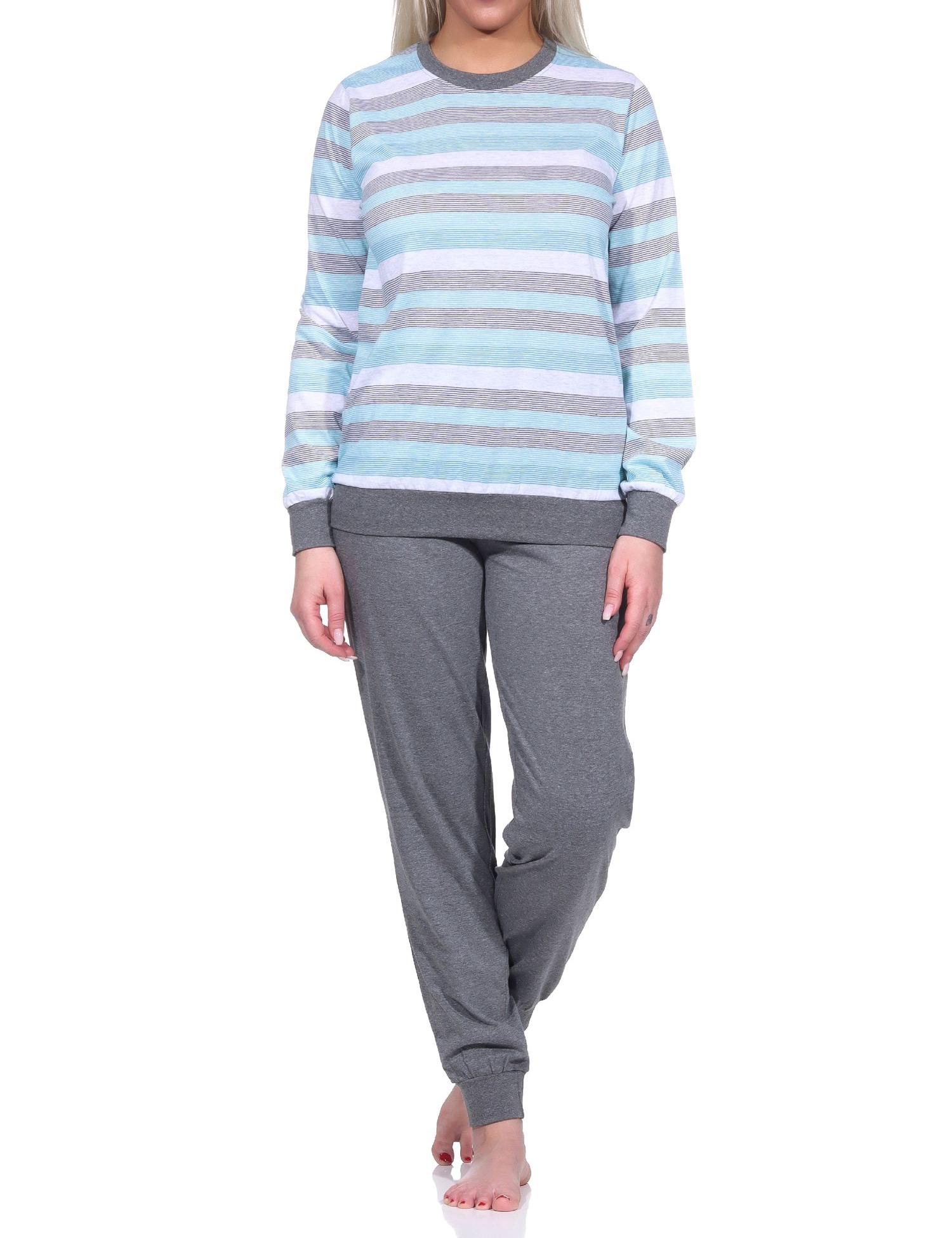 Damen Schlafanzug langarm mit Bündchen Pyjama in Blockstreifenoptik - auch in Übergrössen