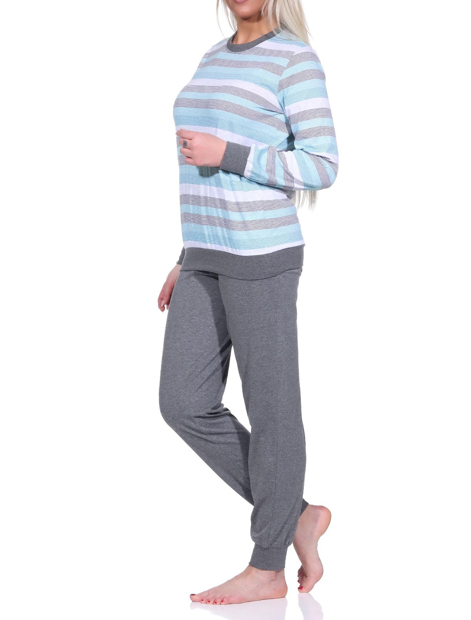 Damen Schlafanzug langarm mit Bündchen Pyjama in Blockstreifenoptik - auch in Übergrössen