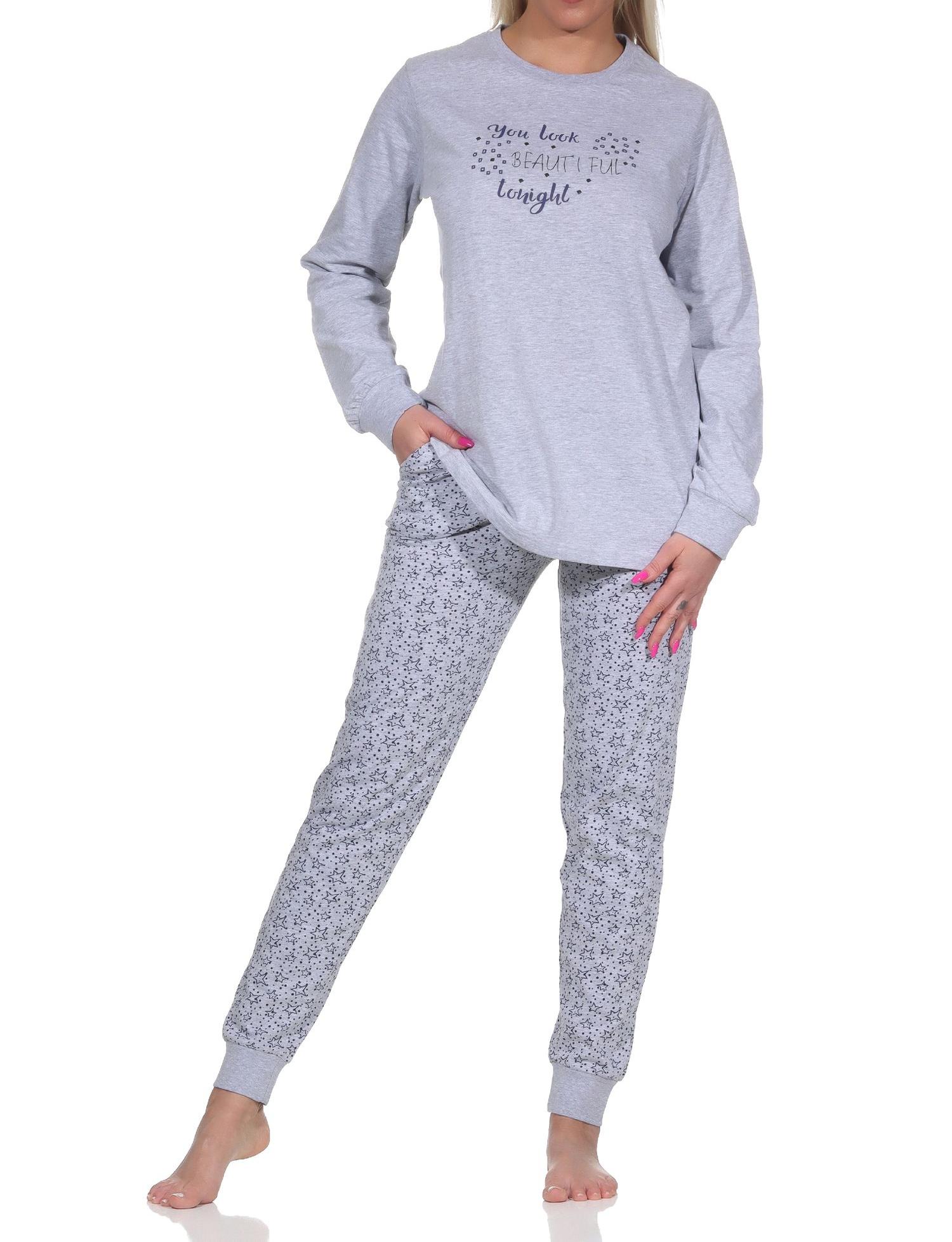Damen Schlafanzug Pyjama langarm mit Bündchen in Sterne Optik - auch in Übergrößen