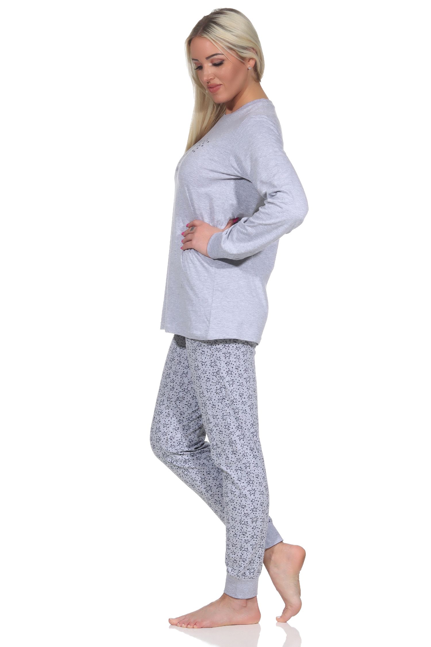 Damen Schlafanzug Pyjama langarm mit Bündchen in Sterne Optik - auch in Übergrößen