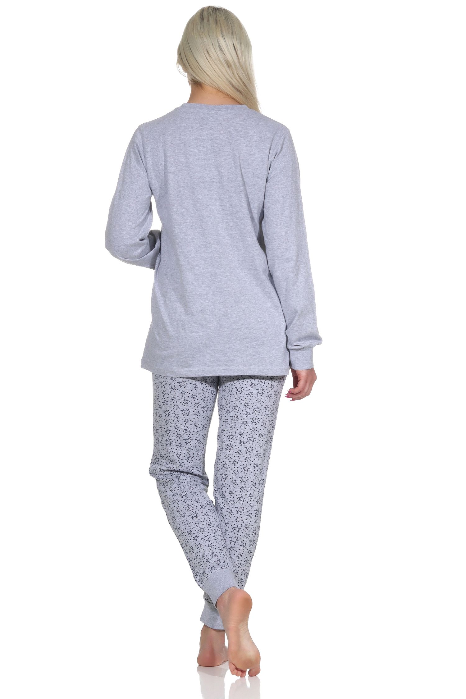 Damen Schlafanzug Pyjama langarm mit Bündchen in Sterne Optik - auch in Übergrößen