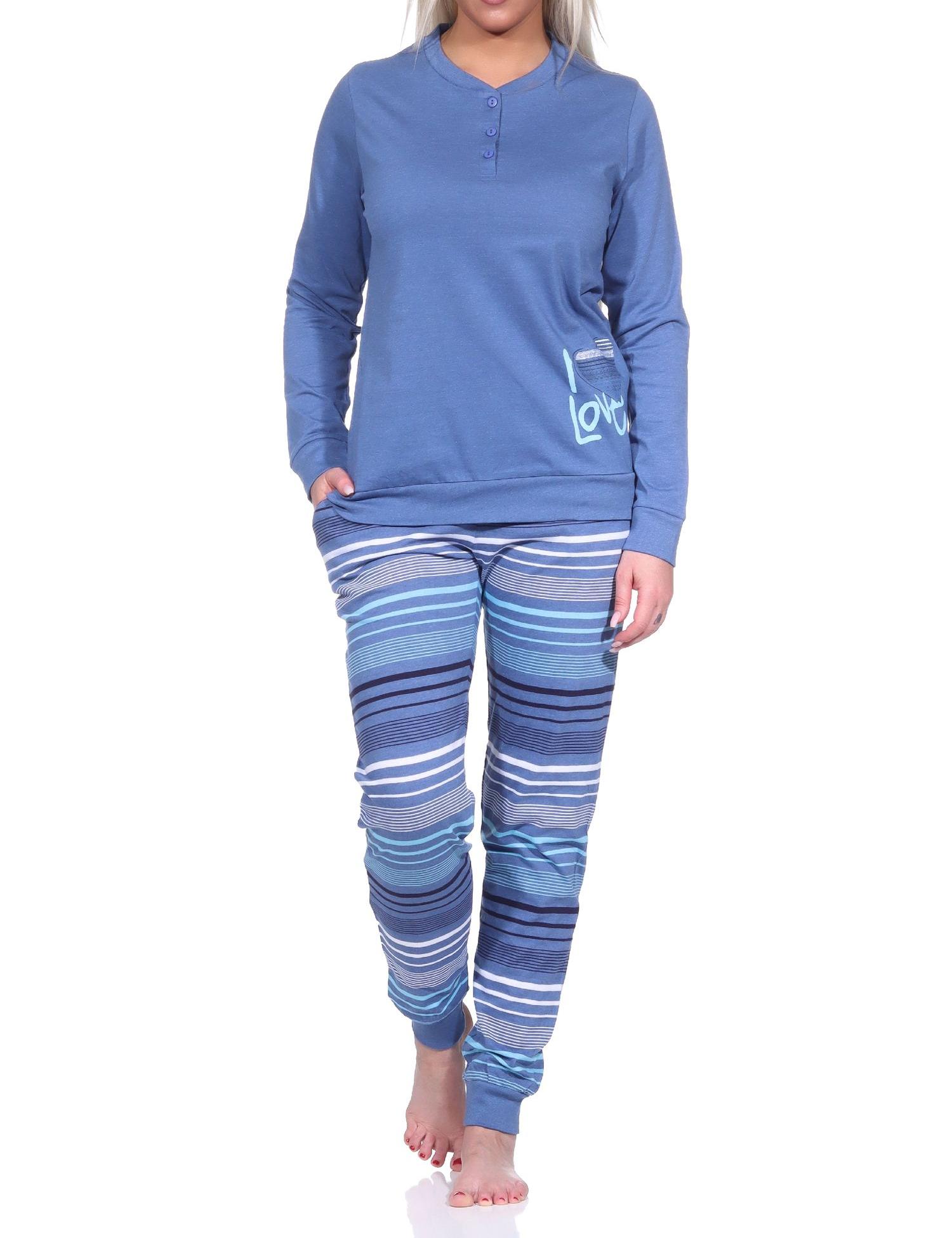 Eleganter Damen Pyjama mit Bündchen und gestreifter Hose + Herzmotiv - auch in Übergrössen Eleganter Damen Pyjama mit Bündchen und gestreifter Hose + Herzmotiv - auch in Übergrössen