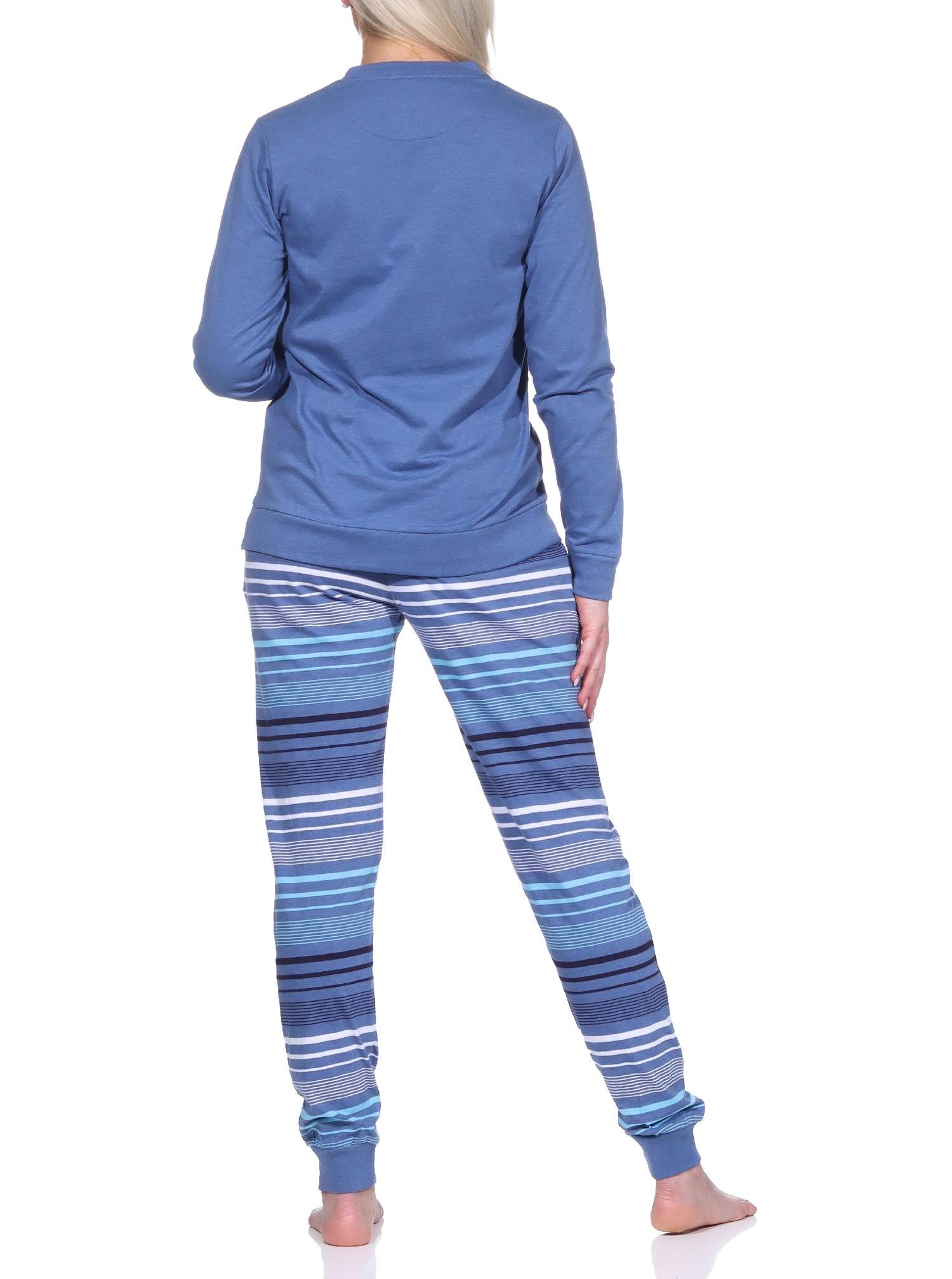 Eleganter Damen Pyjama mit Bündchen und gestreifter Hose + Herzmotiv - auch in Übergrössen