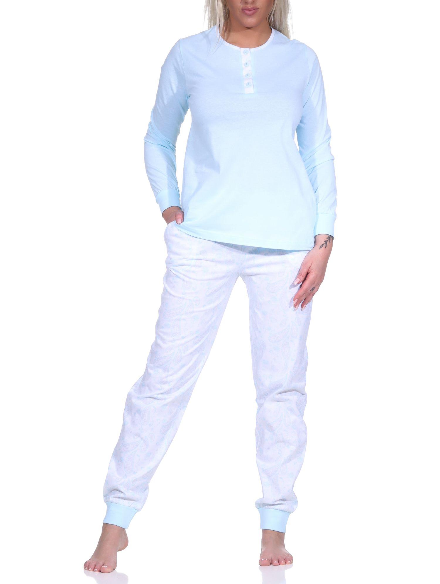 Edler Damen Schlafanzug langarm Pyjama mit Knopfleiste und Paysley gemusterter Hose