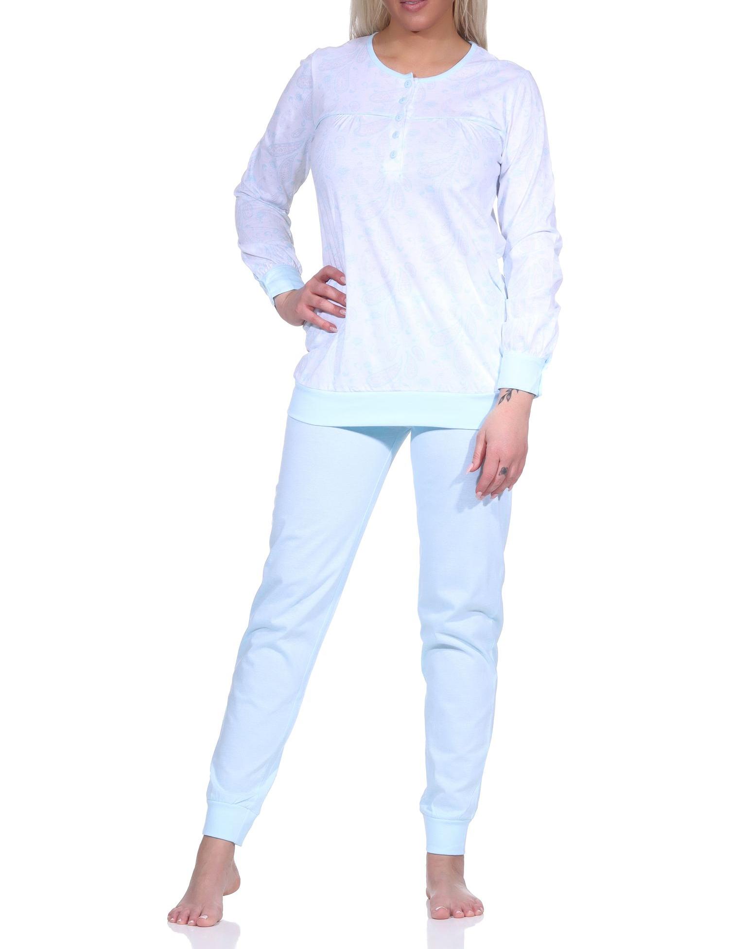 Eleganter Damen Pyjama Schlafanzug mit Bündchen im Paysley Design und Knopfleiste am Hals Eleganter Damen Pyjama Schlafanzug mit Bündchen im Paysley Design und Knopfleiste am Hals