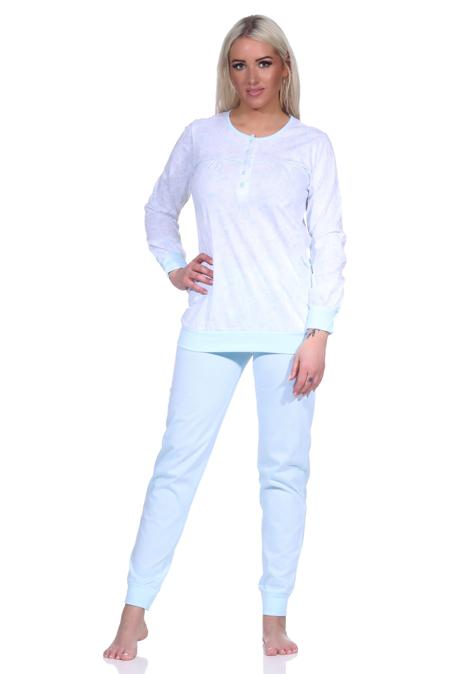 Eleganter Damen Pyjama Schlafanzug mit Bündchen im Paysley Design und Knopfleiste am Hals