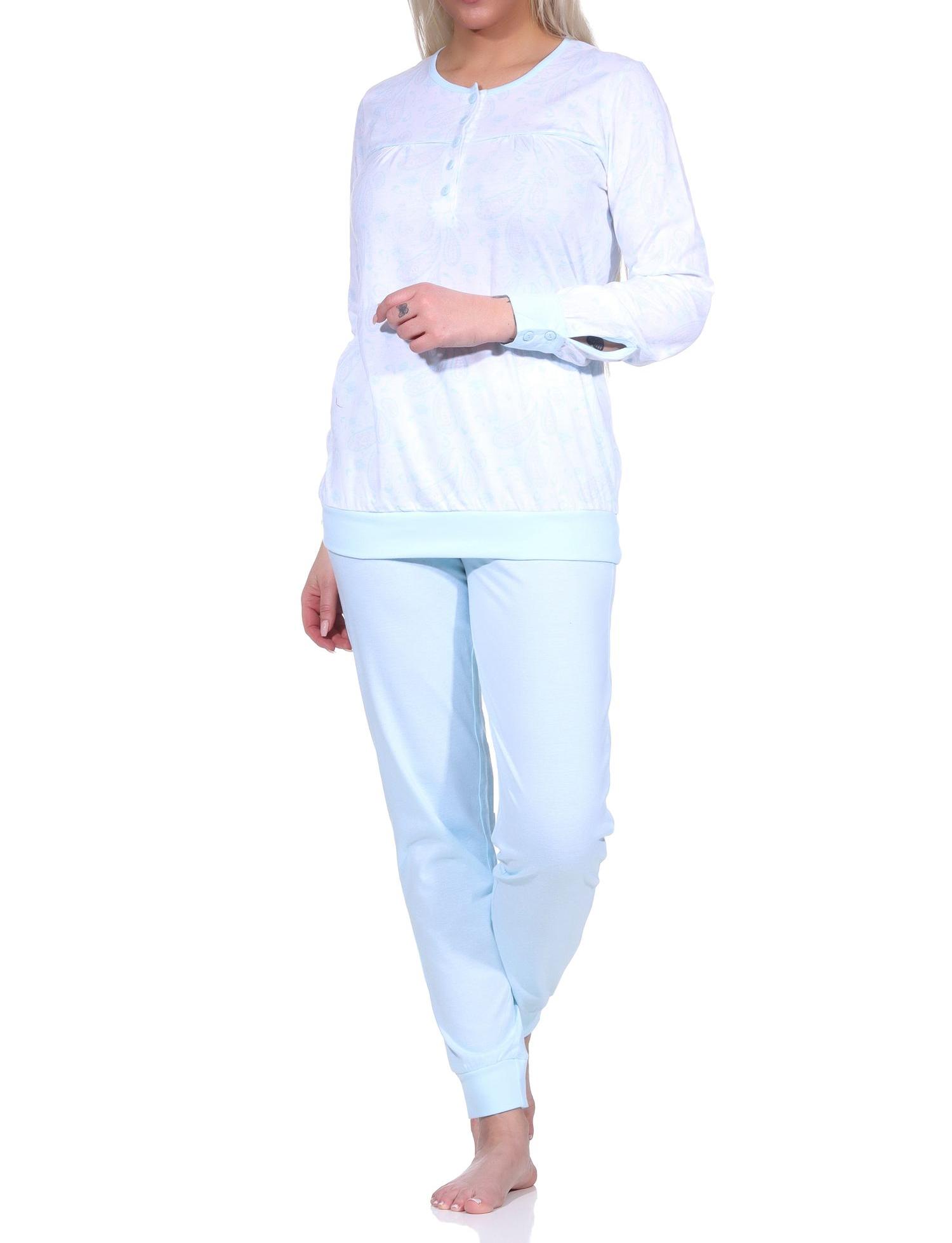 Eleganter Damen Pyjama Schlafanzug mit Bündchen im Paysley Design und Knopfleiste am Hals