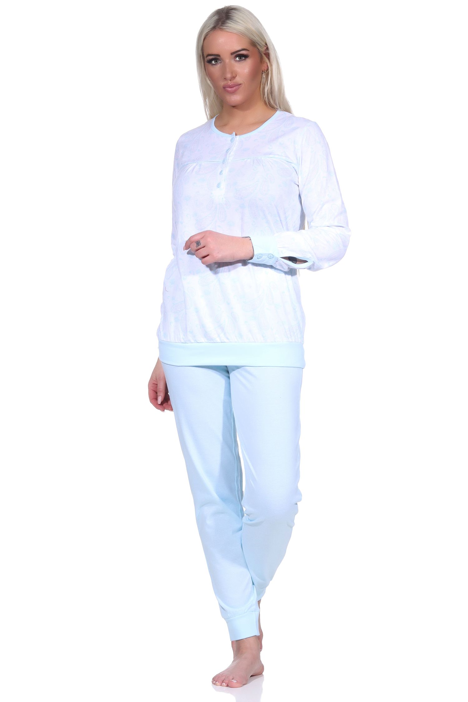 Eleganter Damen Pyjama Schlafanzug mit Bündchen im Paysley Design und Knopfleiste am Hals