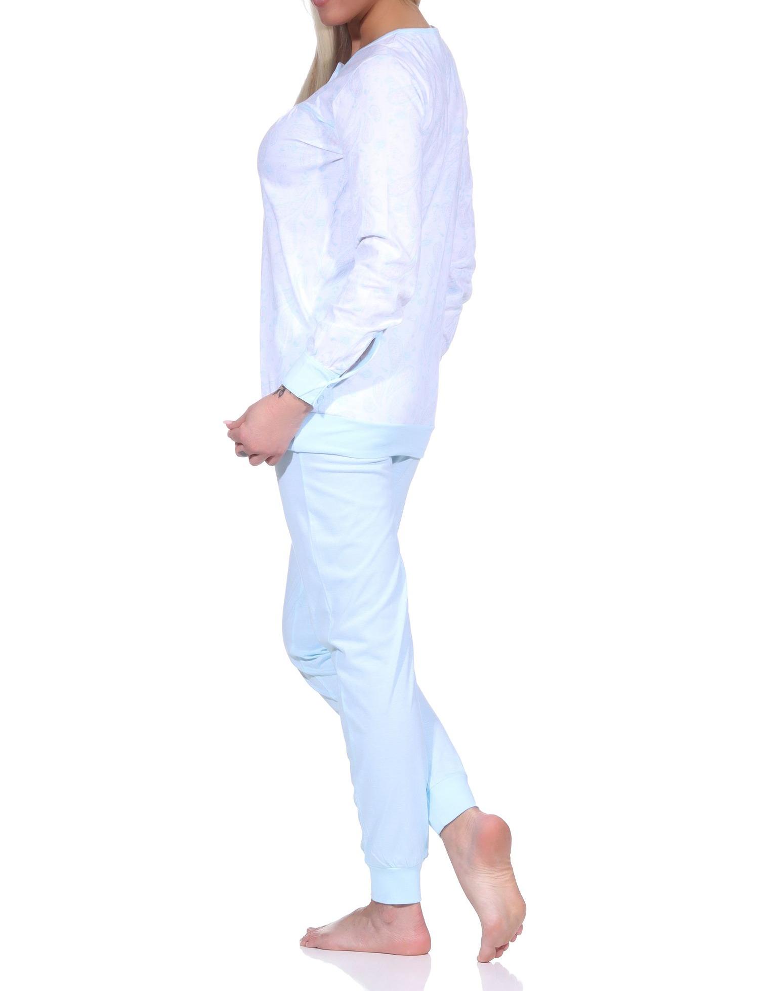 Eleganter Damen Pyjama Schlafanzug mit Bündchen im Paysley Design und Knopfleiste am Hals