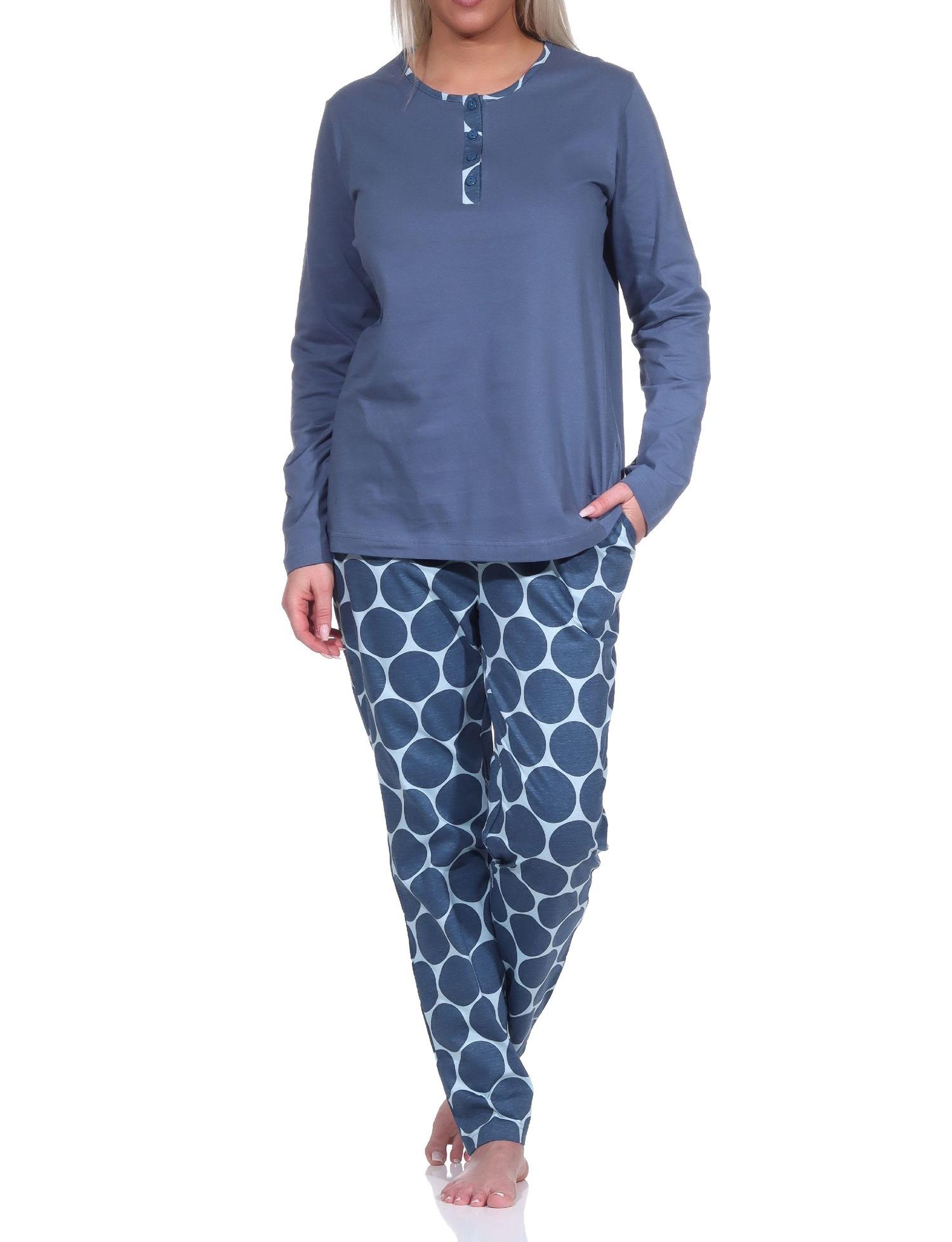 Eleganter Damen Schlafanzug langarm mit Pyjama Hose in Tupfen / Punkte Optik
