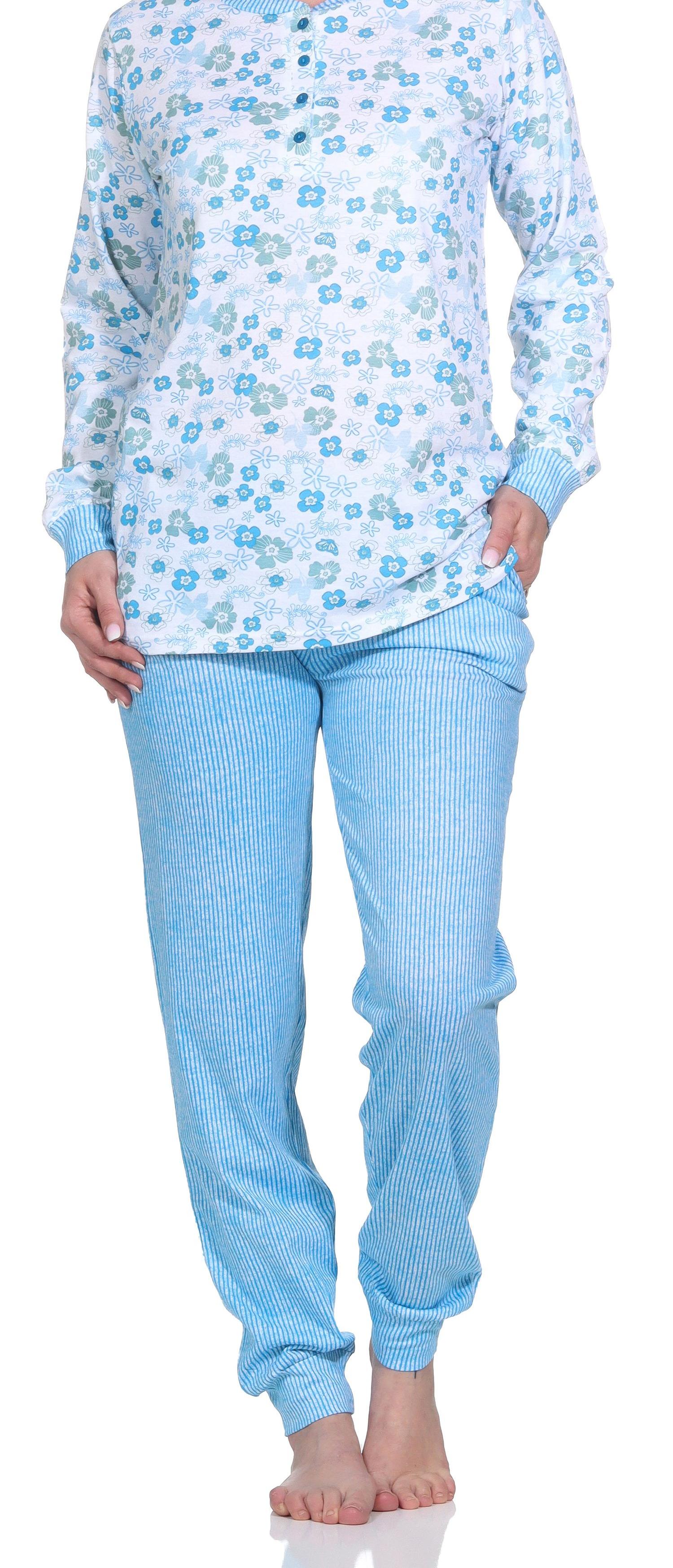 Damen langarm Schlafanzug mit Bündchen, Pyjama Hose in feiner Streifenoptik