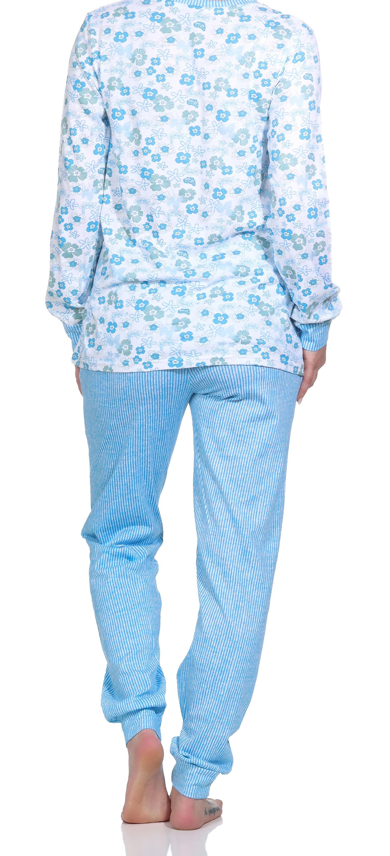 Damen langarm Schlafanzug mit Bündchen, Pyjama Hose in feiner Streifenoptik