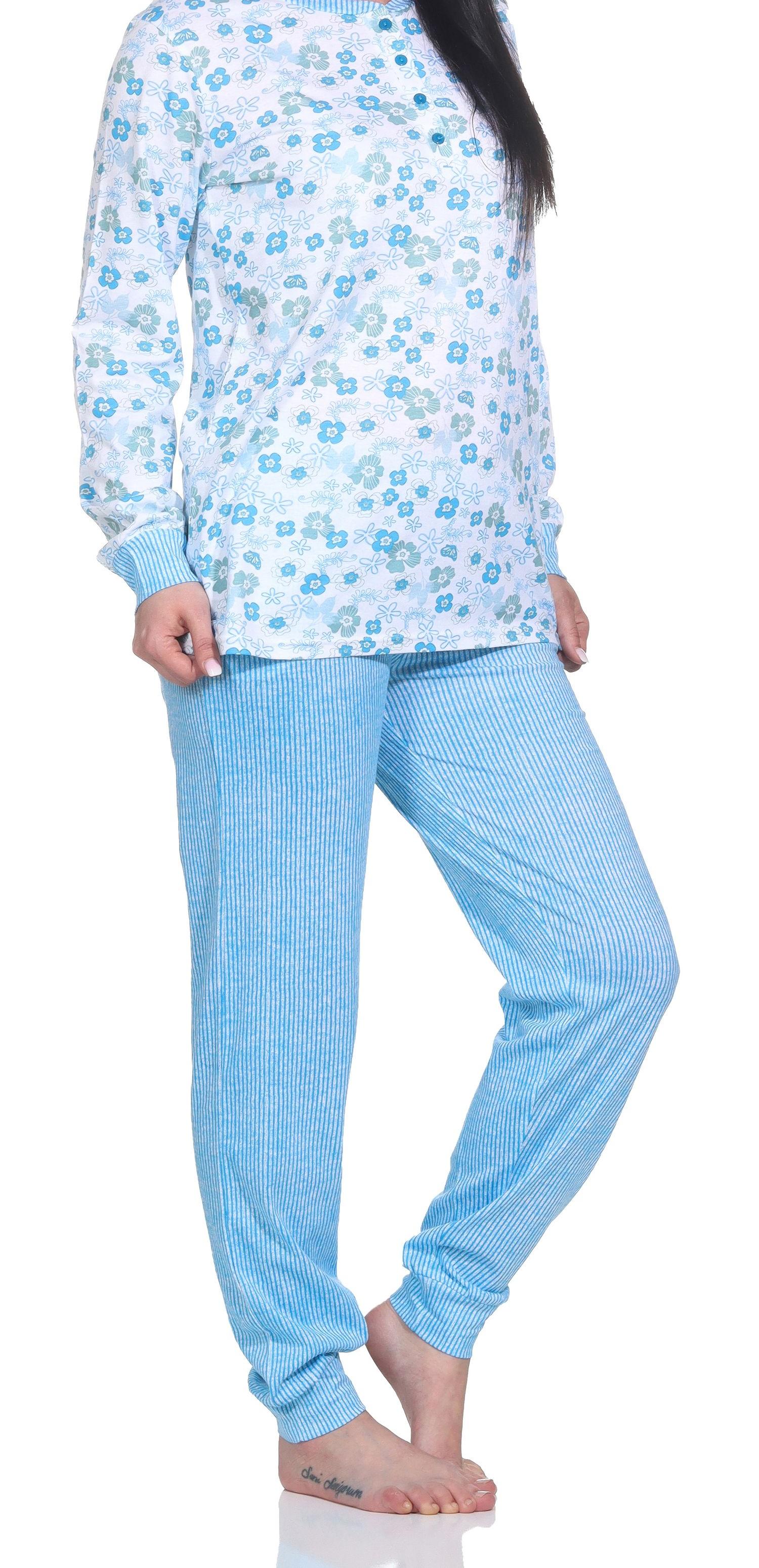 Damen langarm Schlafanzug mit Bündchen, Pyjama Hose in feiner Streifenoptik