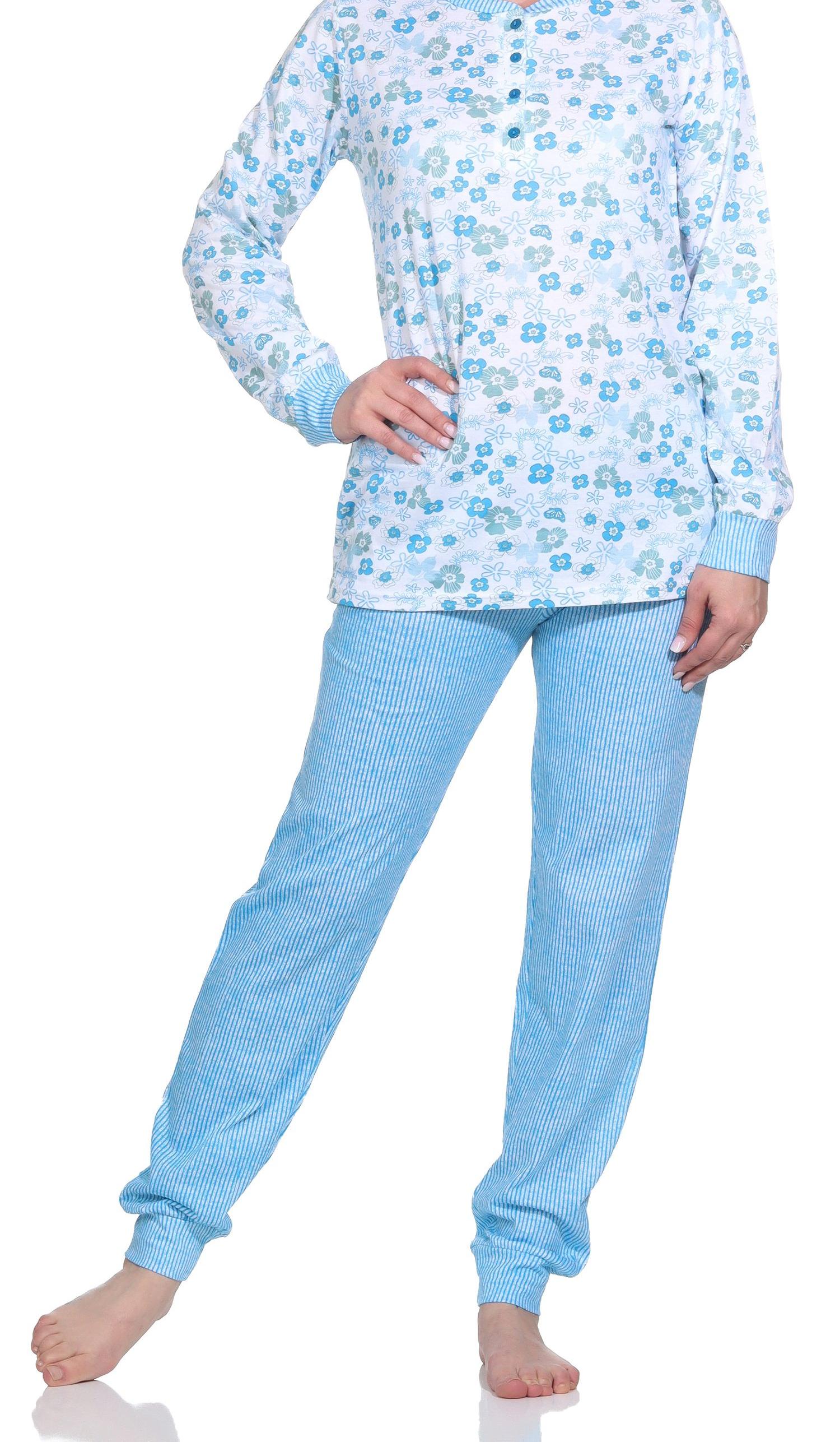 Damen langarm Schlafanzug mit Bündchen, Pyjama Hose in feiner Streifenoptik