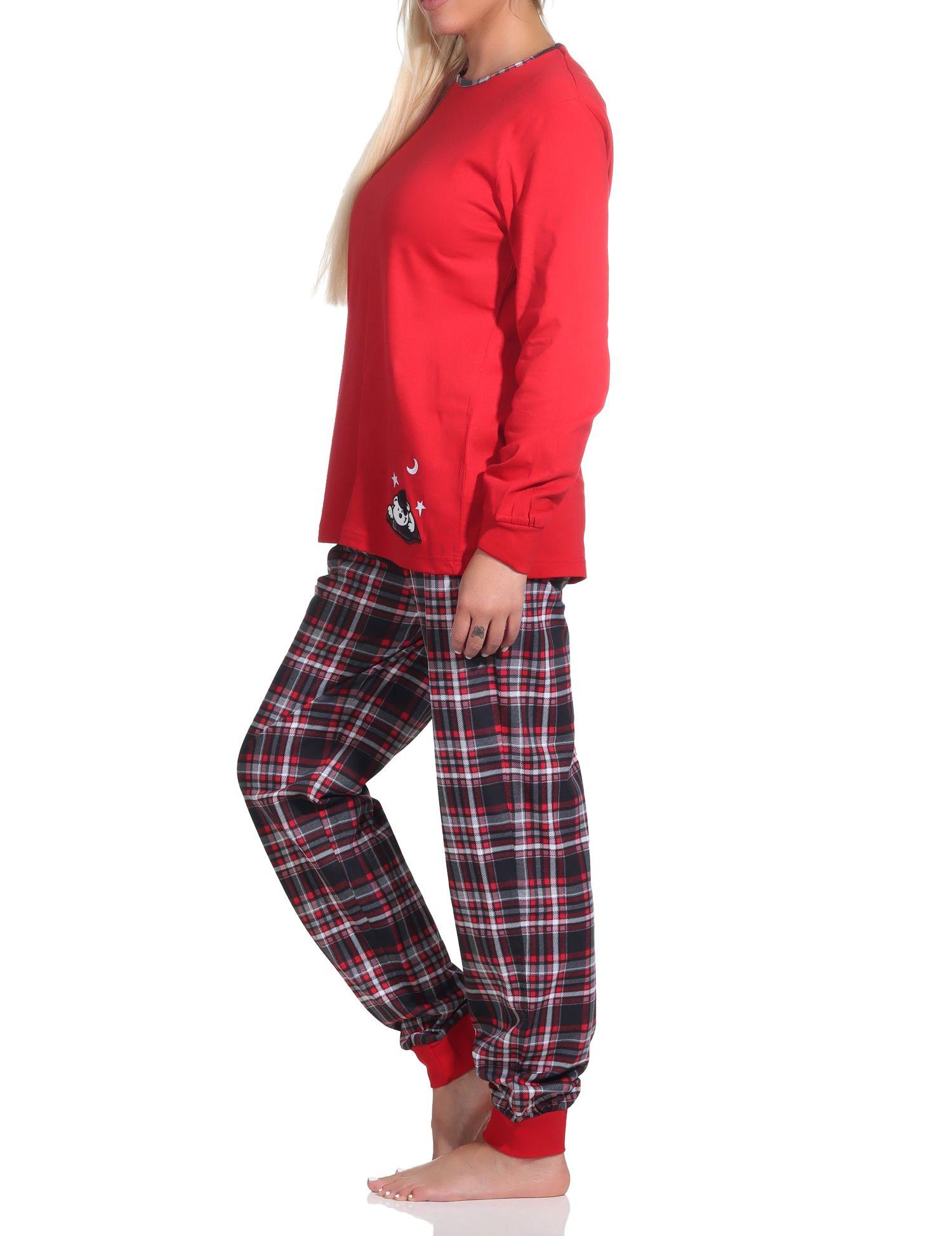 Damen Schlafanzug mit Bündchen mit Karohose und süßem Tiermotiv - auch in Übergrößen