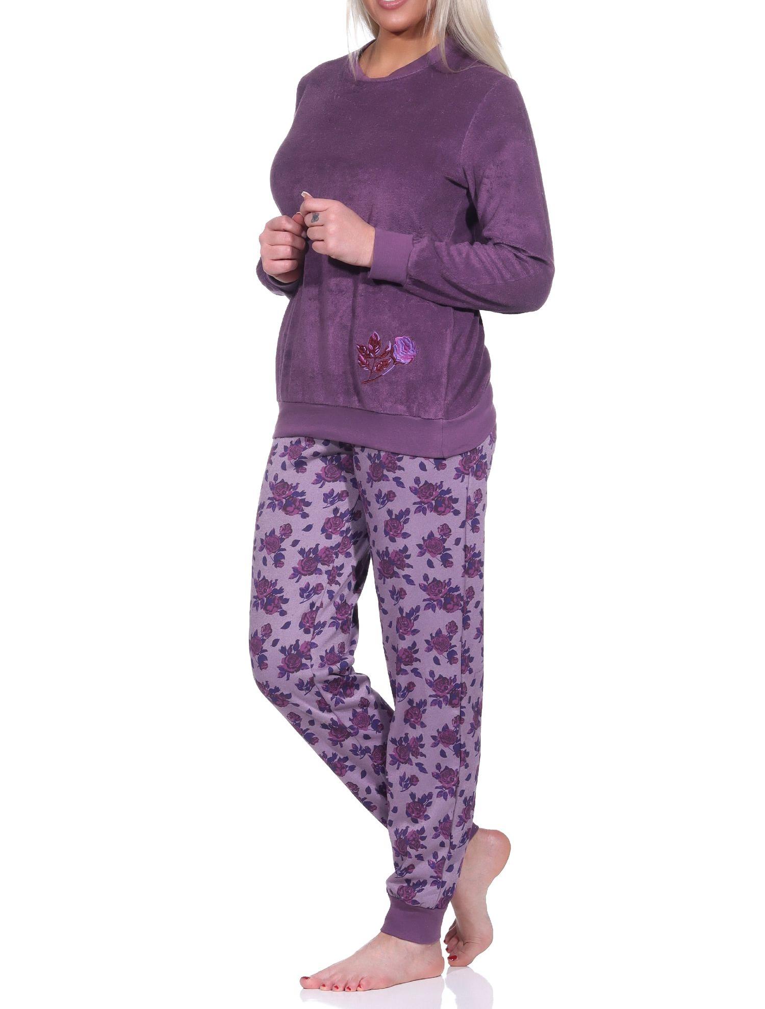 Damen Frottee Schlafanzug langarm mit Bündchen- Pyjama auch in Übergrössen erhältlich