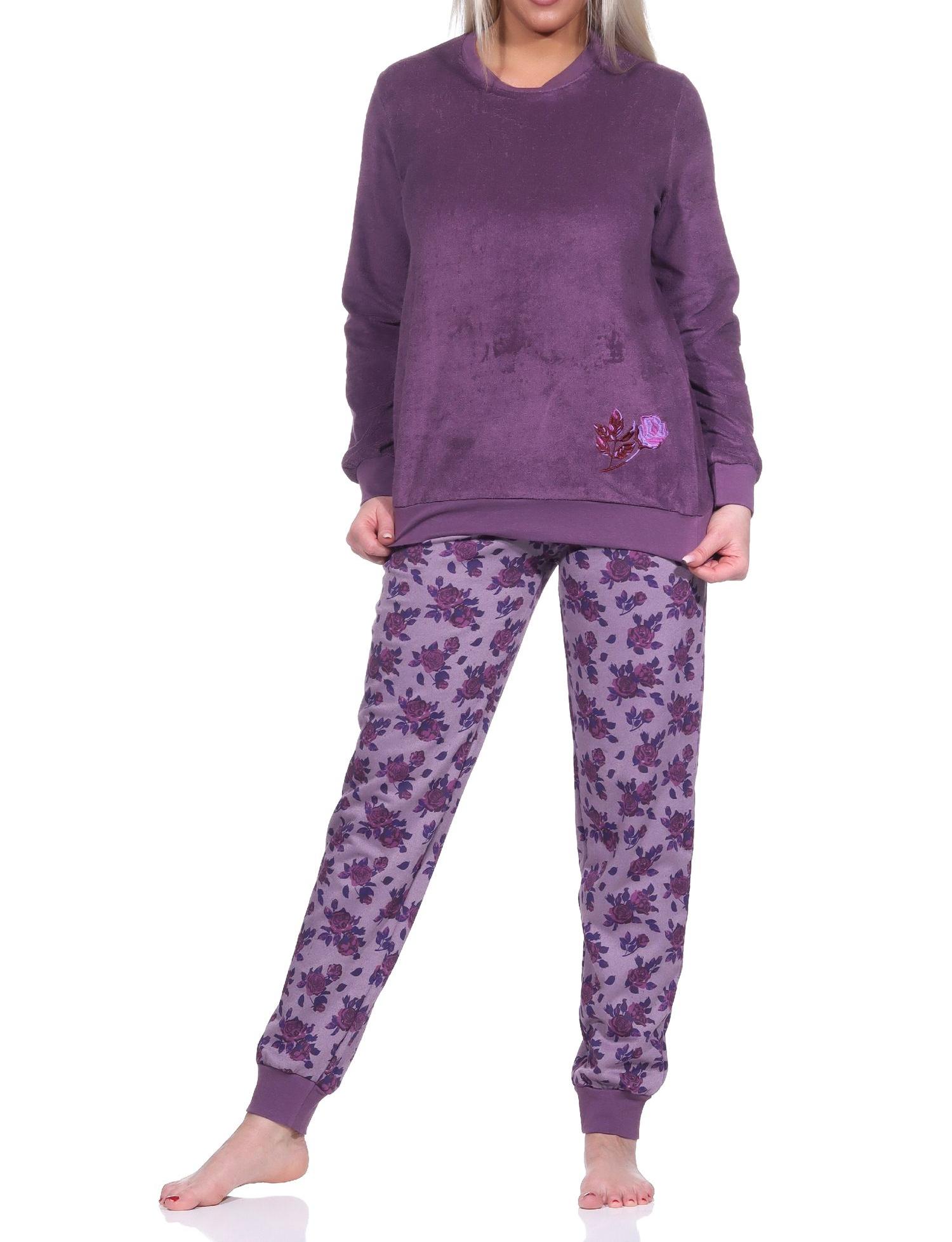 Damen Frottee Schlafanzug langarm mit Bündchen- Pyjama auch in Übergrössen erhältlich