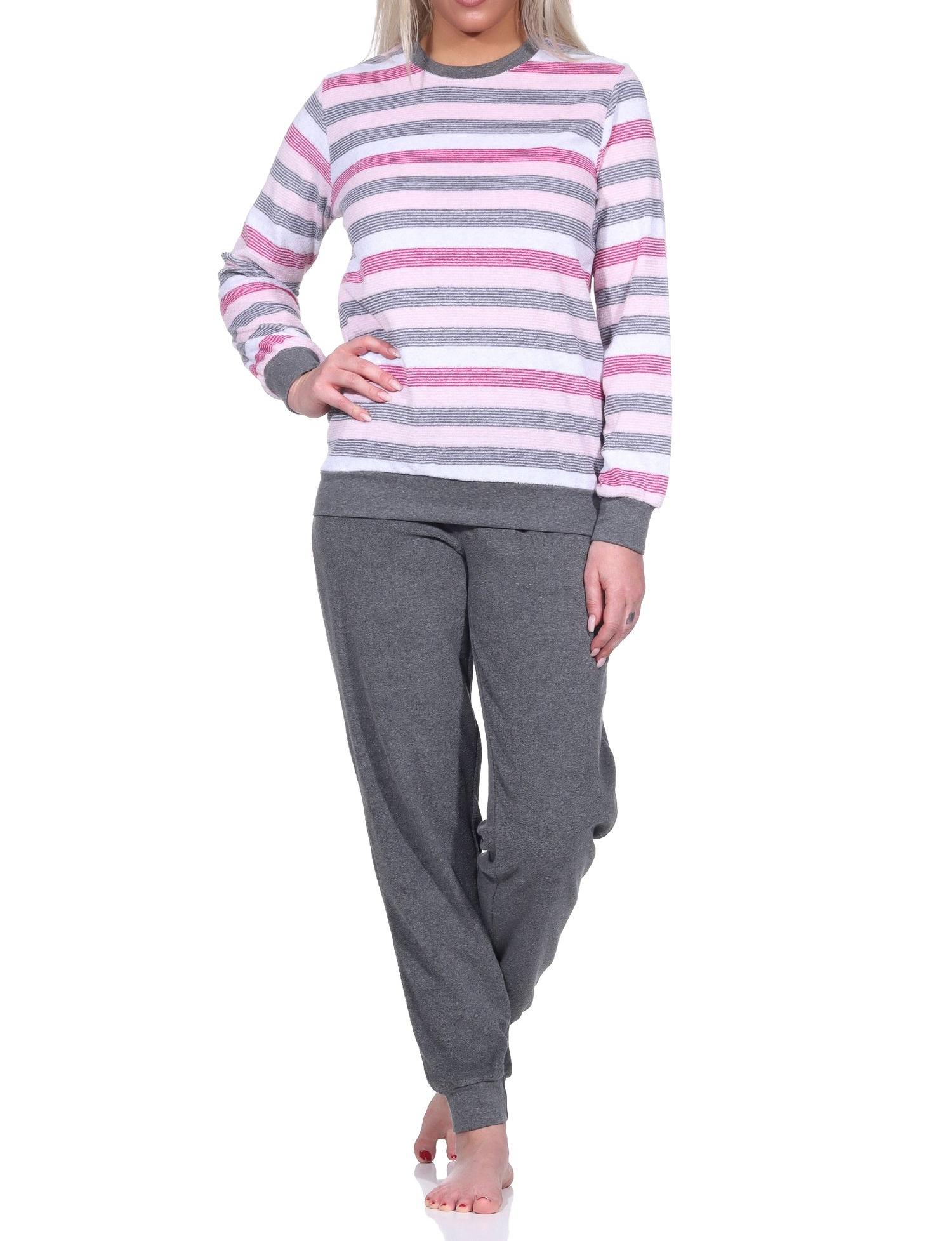 Damen Frottee Pyjama langarm mit Bündchen in Blockstreifenoptik - auch in Übergrößen