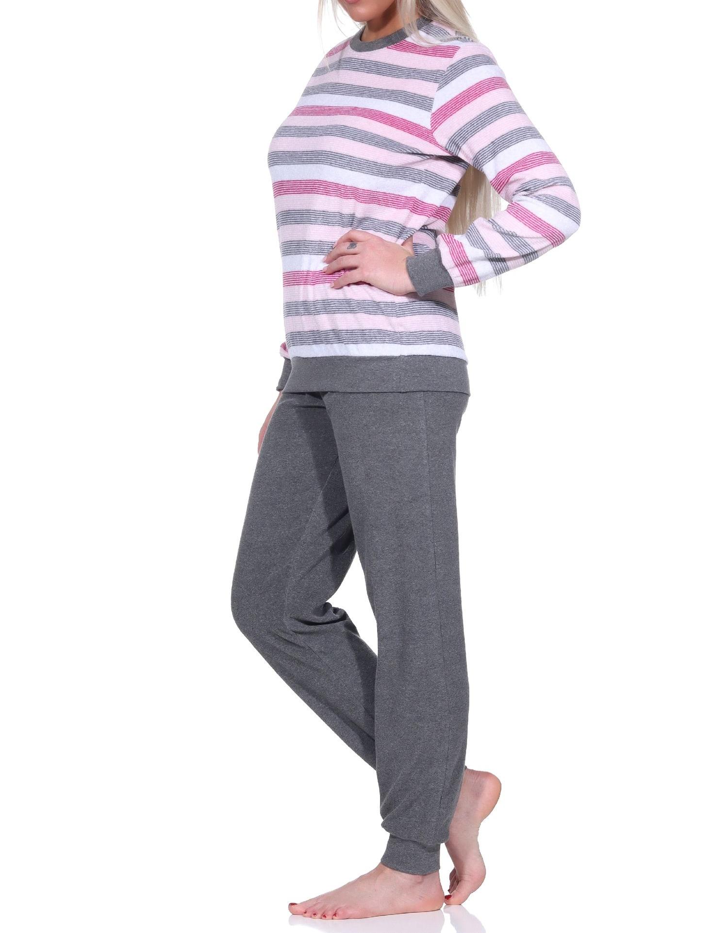 Damen Frottee Pyjama langarm mit Bündchen in Blockstreifenoptik - auch in Übergrößen