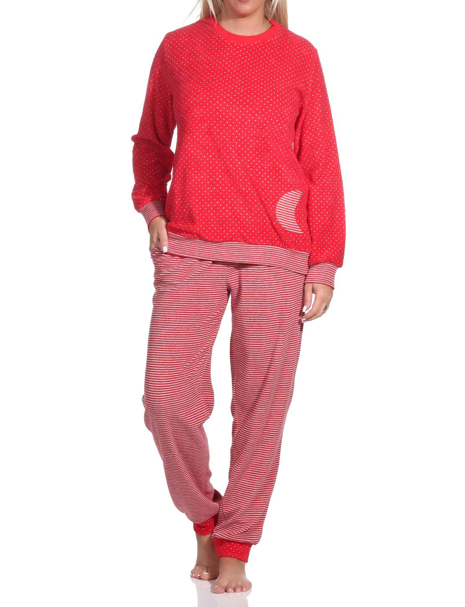 Damen Frottee Pyjama mit Bündchen im Herz Tupfen- und Ringeldesign  - auch in Übergrößen