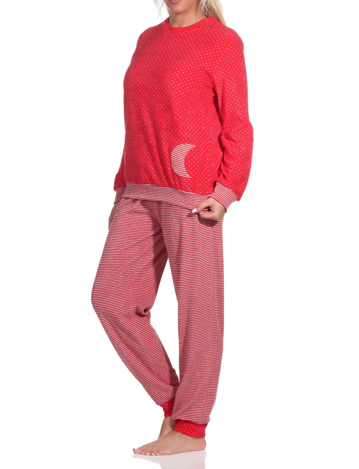 Damen Frottee Pyjama mit Bündchen im Herz Tupfen- und Ringeldesign  - auch in Übergrößen