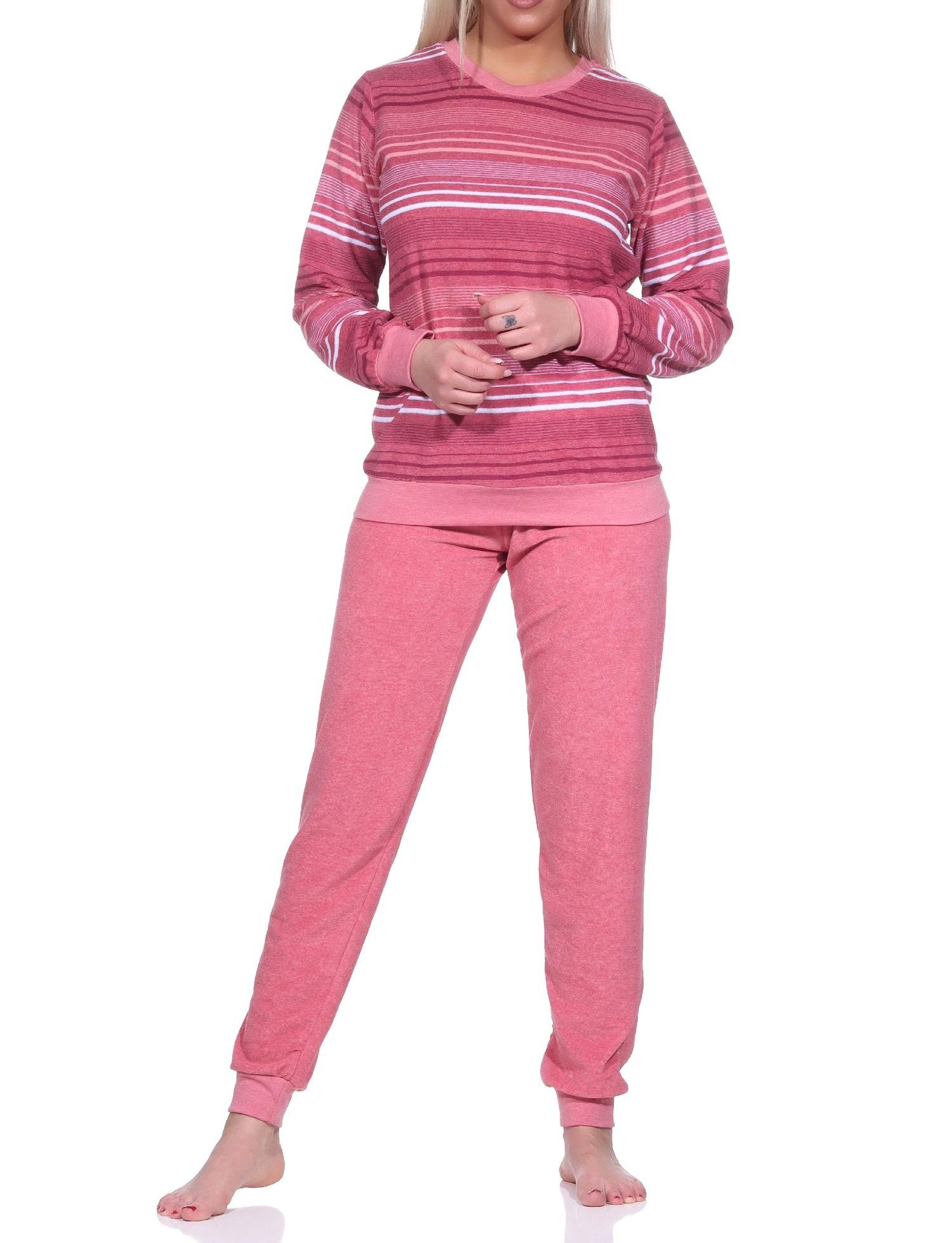 Damen Frottee Schlafanzug mit Bündchen in elegantem Streifendesign - auch in Übergrößen
