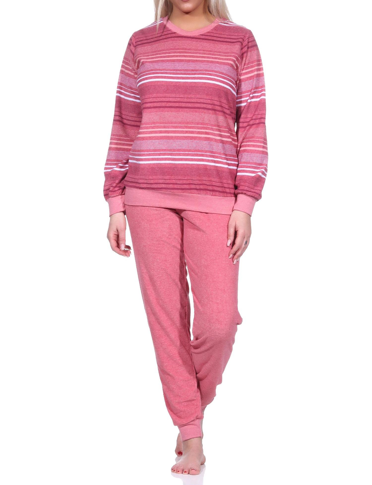 Damen Frottee Schlafanzug mit Bündchen in elegantem Streifendesign - auch in Übergrößen