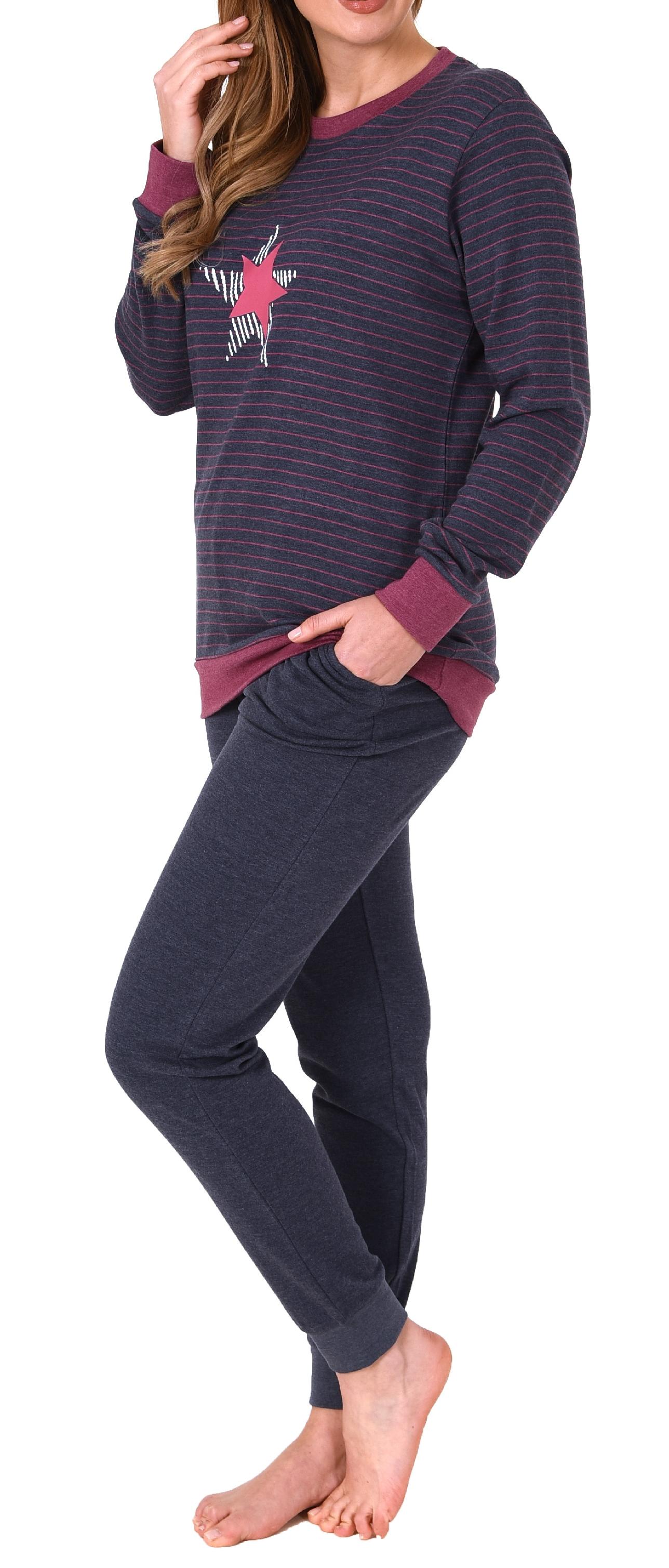 Damen Frottee Pyjama mit Bündchen in Streifenoptik und Sternenmotiv - auch in Übergrössen