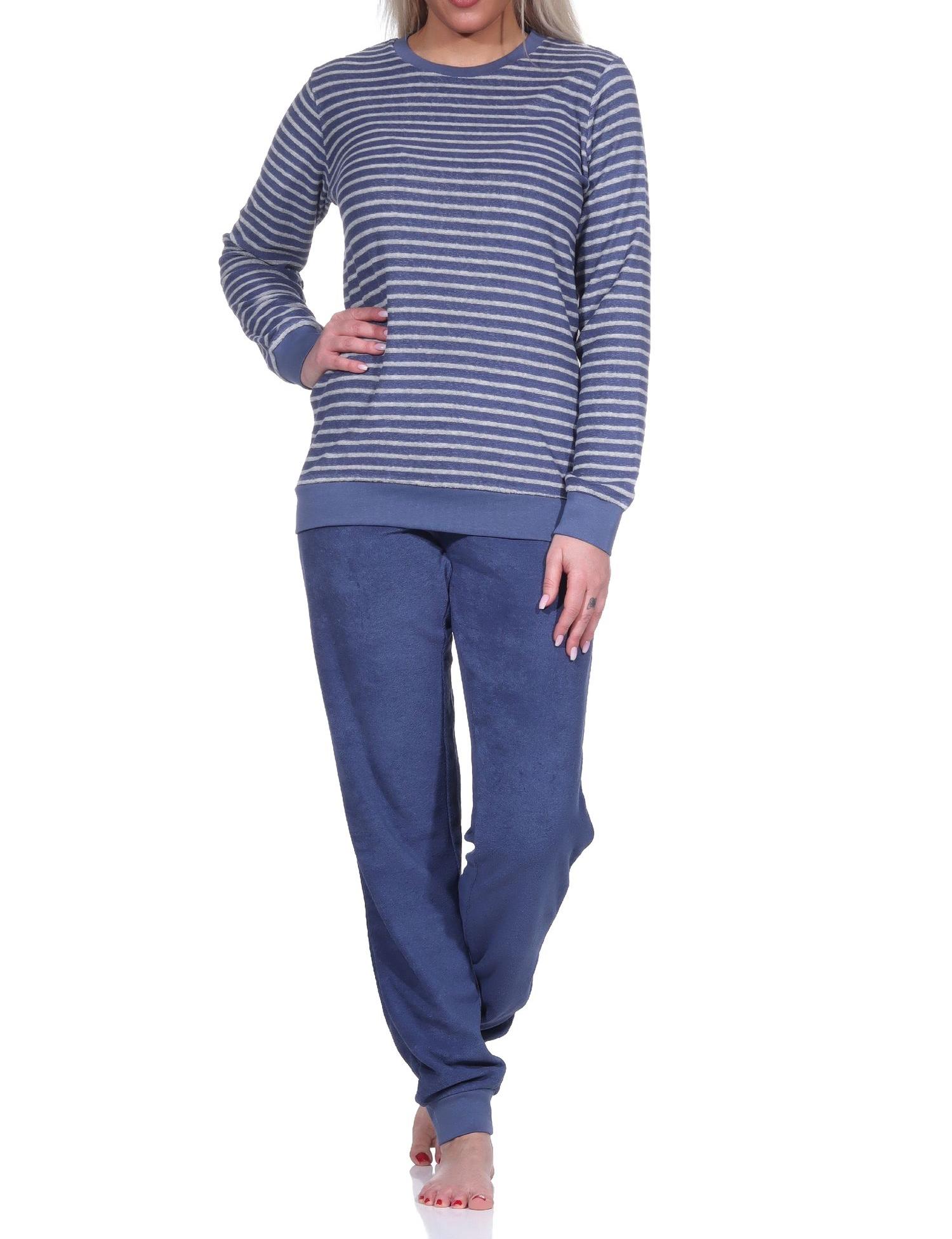 Damen Frottee Pyjama langarm Schlafanzug mit Bündchen in Streifenoptik - 222 201 93 560 Damen Frottee Pyjama langarm Schlafanzug mit Bündchen in Streifenoptik