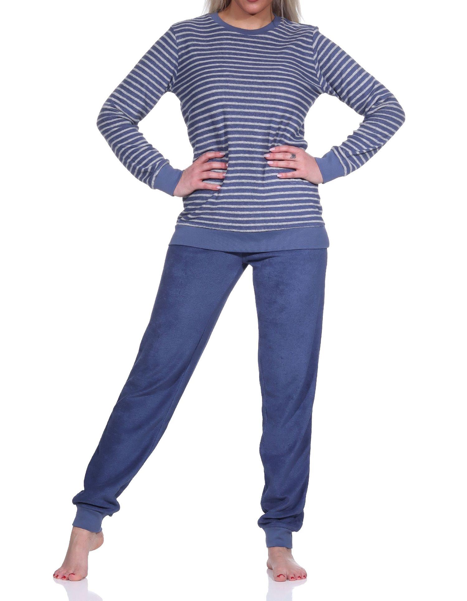 Damen Frottee Pyjama langarm Schlafanzug mit Bündchen in Streifenoptik Damen Frottee Pyjama langarm Schlafanzug mit Bündchen in Streifenoptik