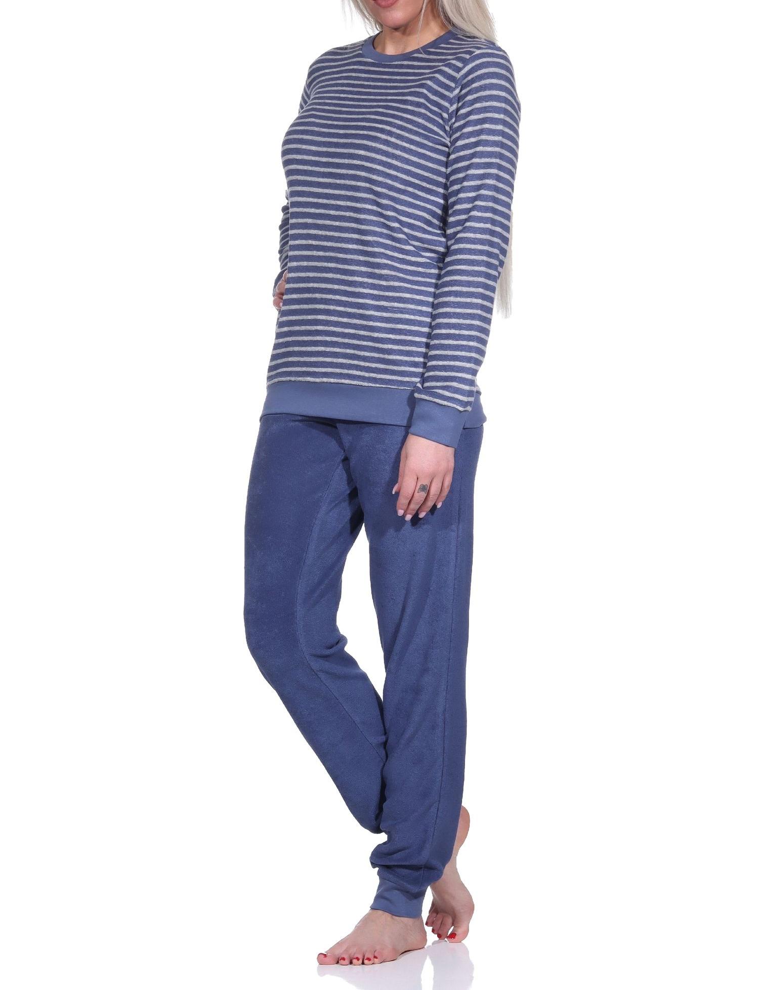 Damen Frottee Pyjama langarm Schlafanzug mit Bündchen in Streifenoptik - 222 201 93 560 Damen Frottee Pyjama langarm Schlafanzug mit Bündchen in Streifenoptik