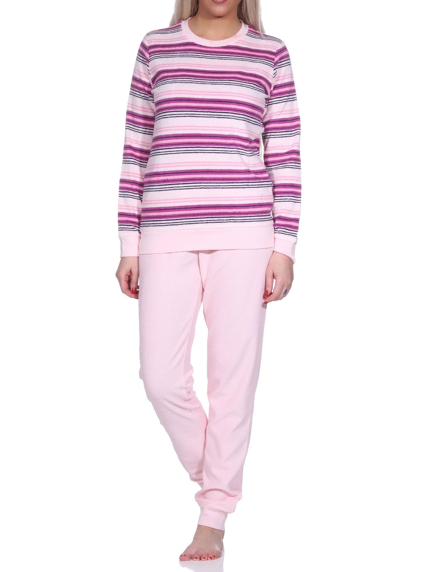 Damen Kuschel Frottee Schlafanzug mit Bündchen - Streifenoptik - auch in Übergrößen