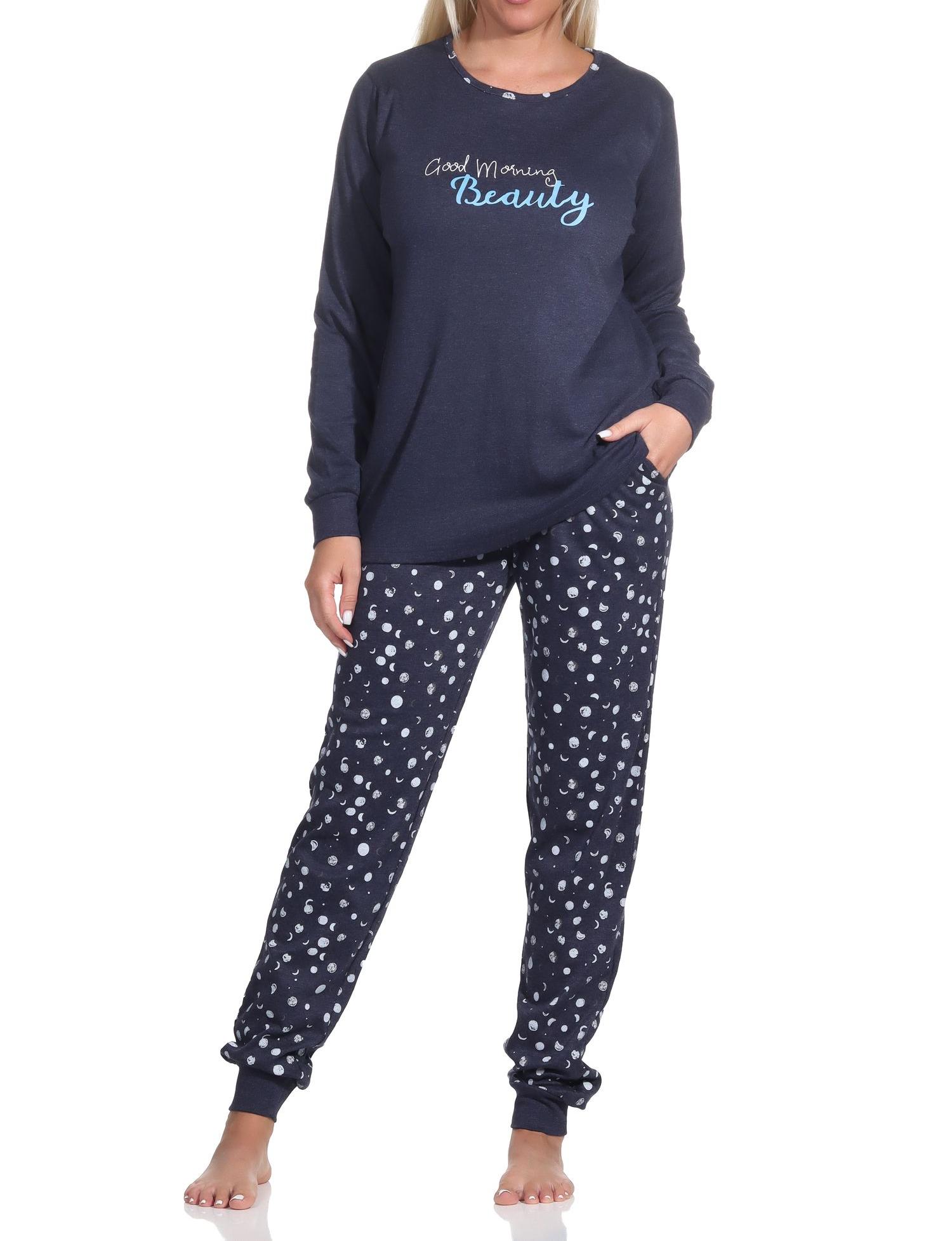 Damen Schlafanzug lang mit Bündchen in Kuschel Interlock Qualität in Tupfen - Punkte Optik