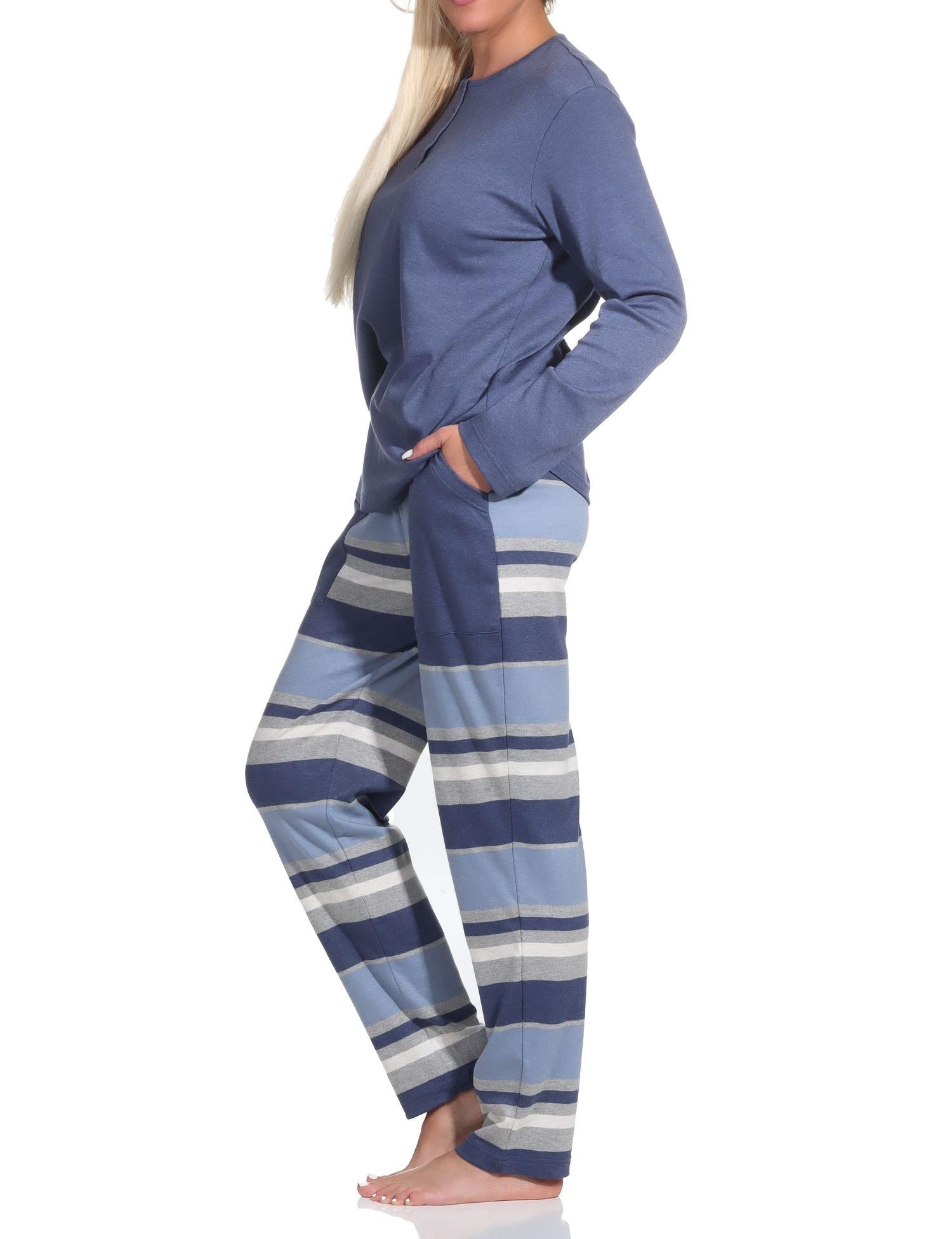 Damen Pyjama lang Schlafanzug mit gestreifter Hose in kuscheliger Interlock Qualität
