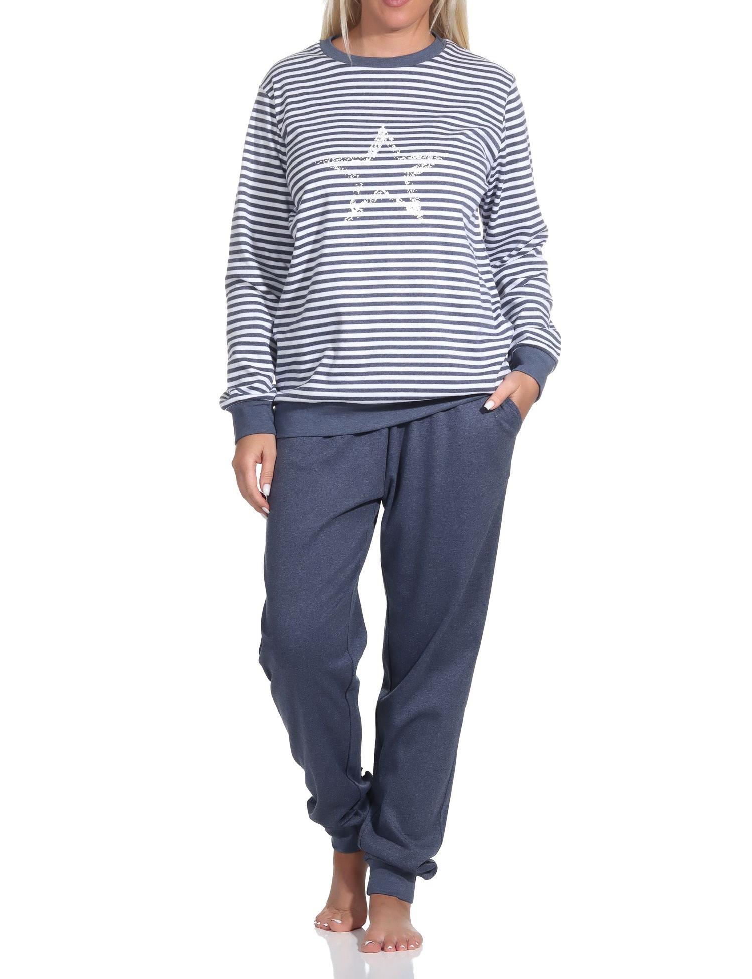 Kuscheliger Damen Schlafanzug lang mit Bündchen und Sternenmotiv - auch in Übergrößen