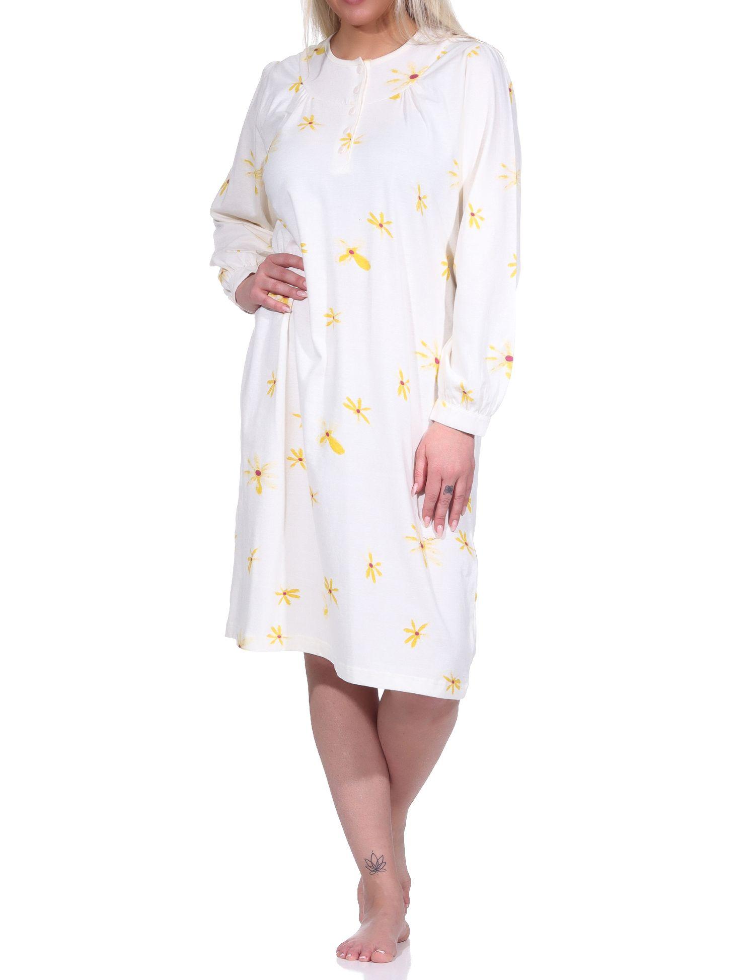 Elegantes frauliches Damen Nachthemd langarm mit 105 cm Länge, und Knopfleiste am Hals