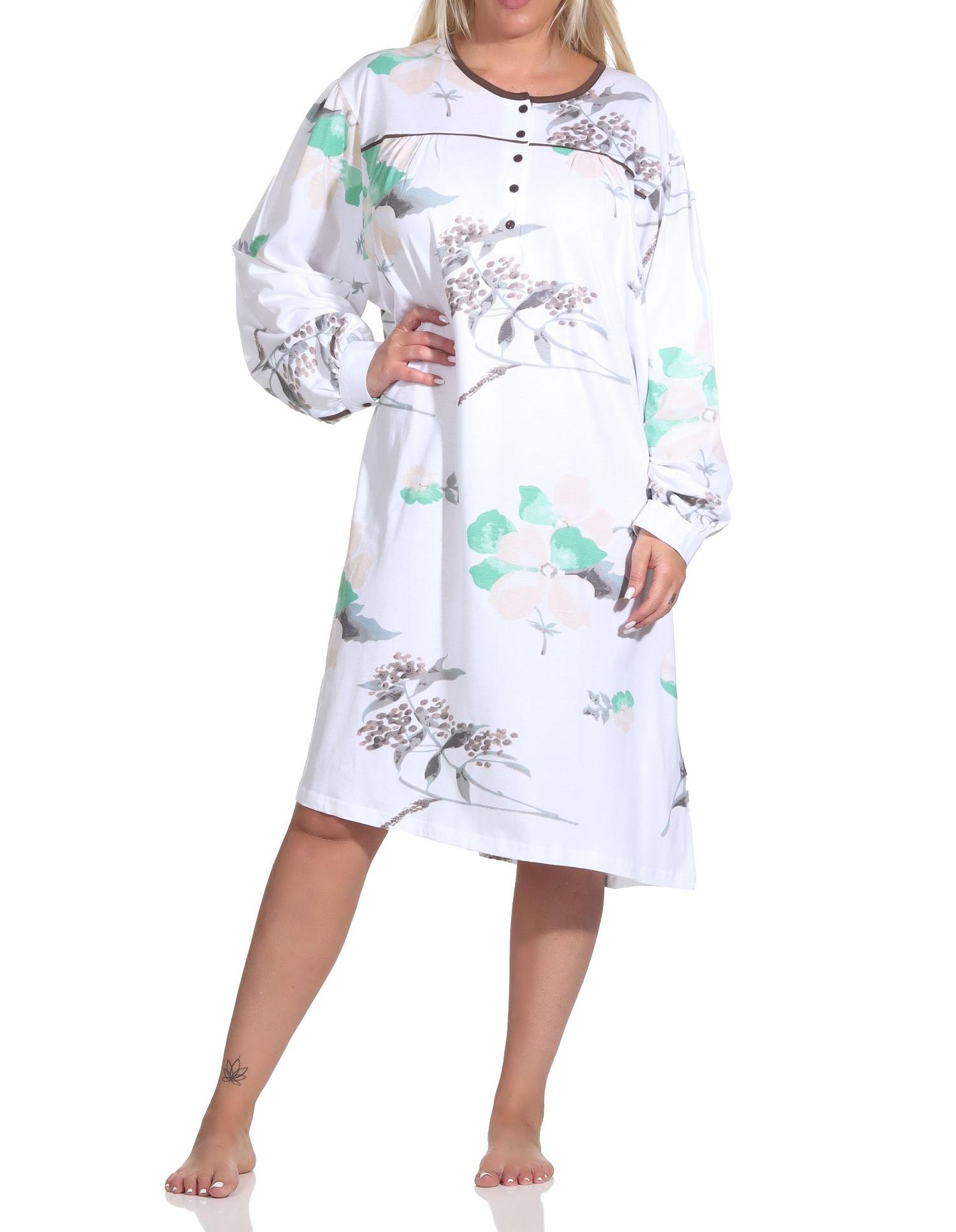 Frauliches Damen Nachthemd langarm mit 105 cm Länge, und Knopfleiste am Hals