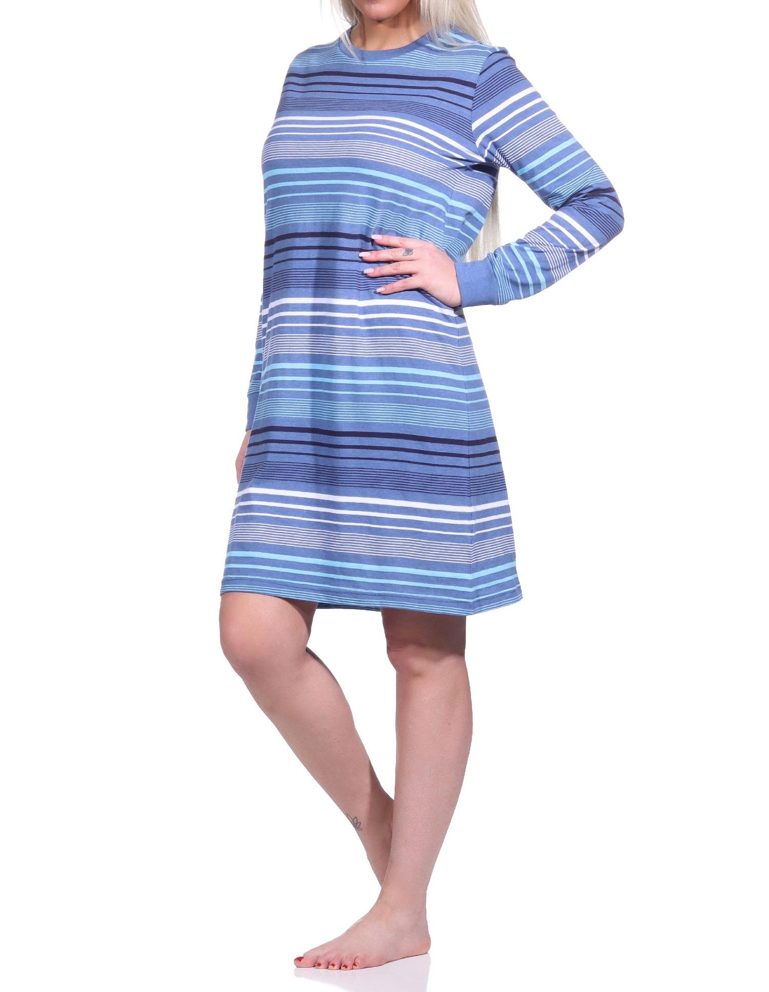 Damen Nachthemd langarm mit Bündchen in Streifenoptik - auch in Übergrössen