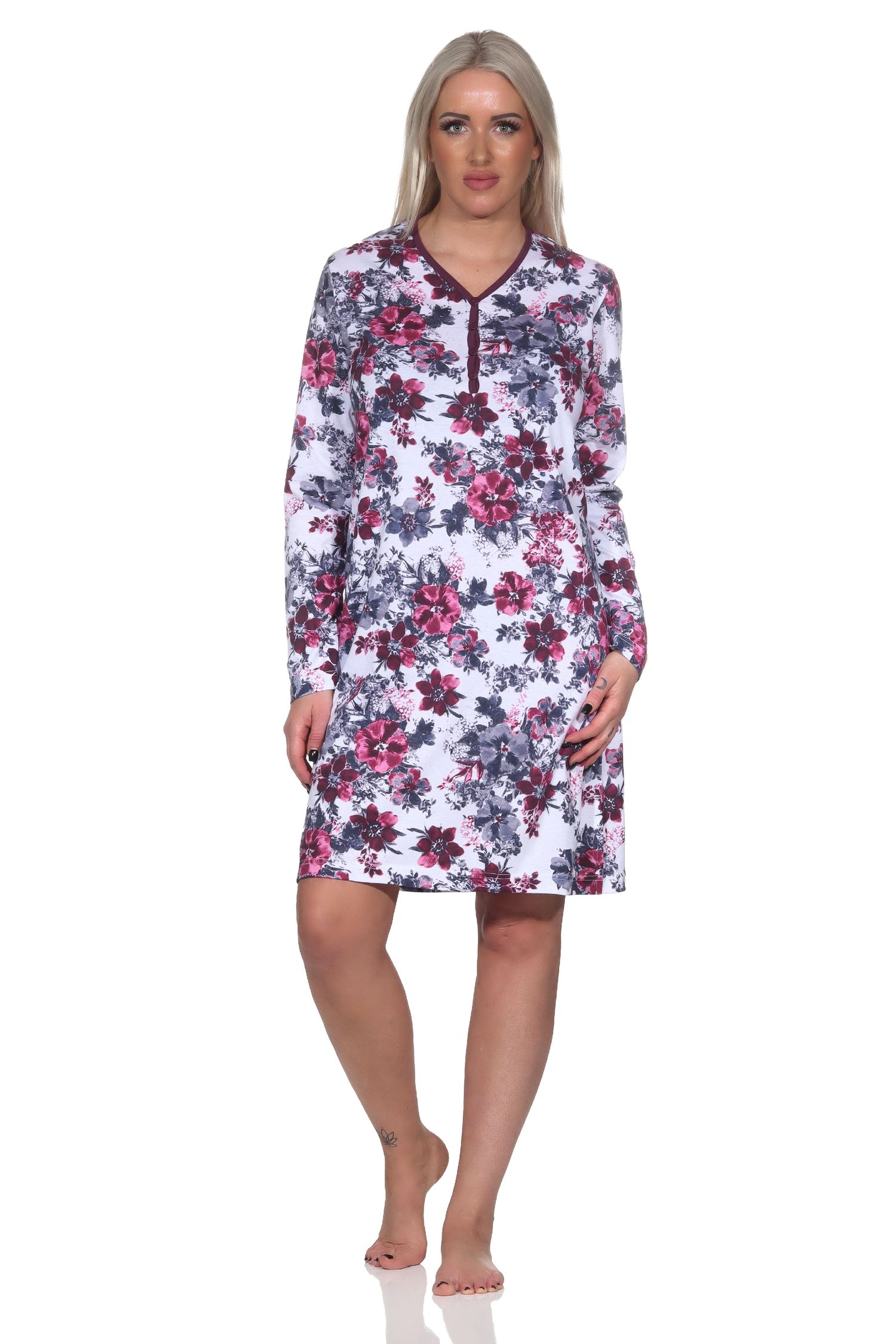 Damen Nachthemd langarm Sleepshirt in floralem Design - auch in Übergrössen