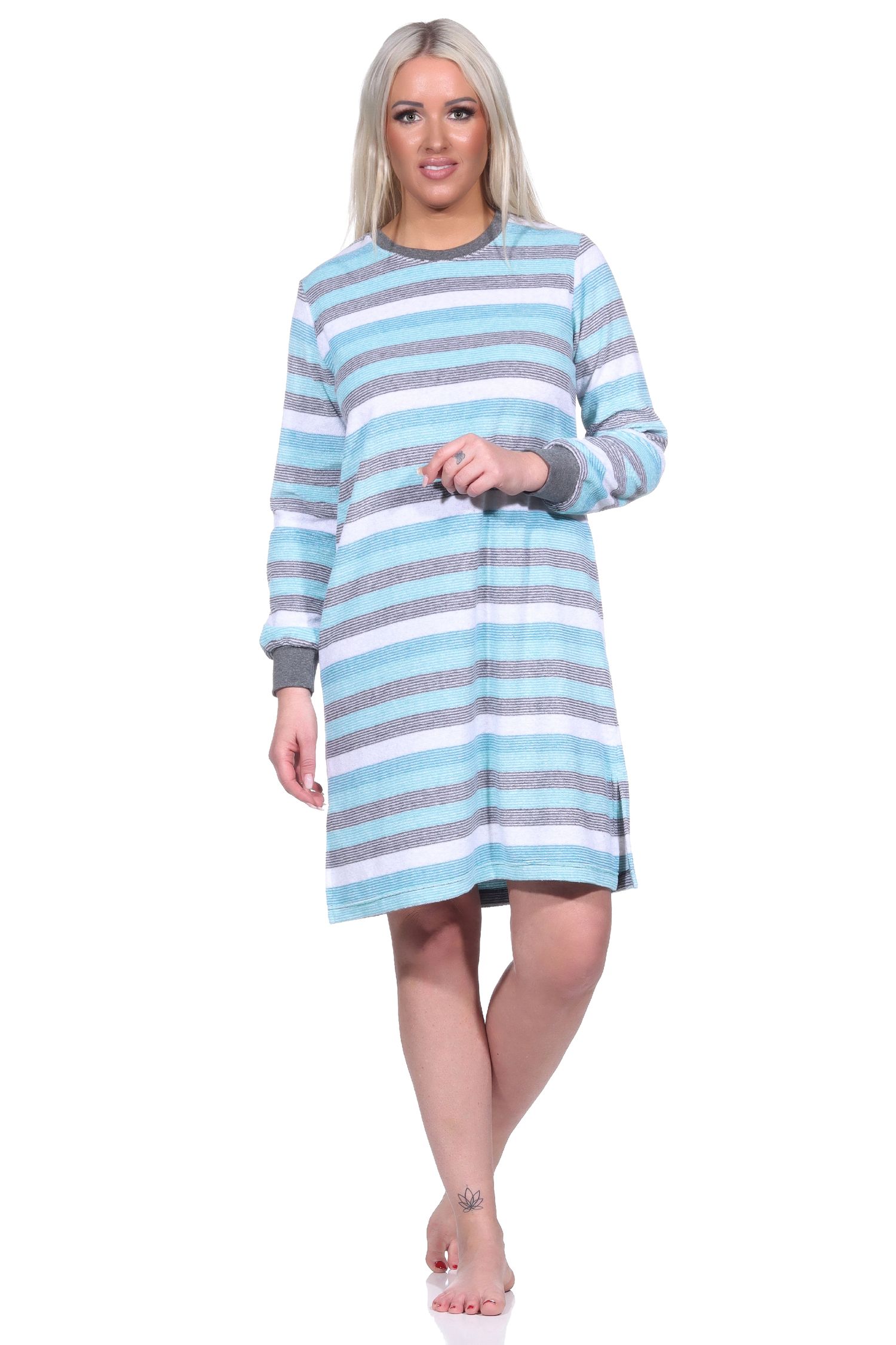 Damen Frottee Nachthemd langarm mit Bündchen in Blockstreifenoptik - auch in Übergrößen - 222 213 93 102 Damen Frottee Nachthemd langarm mit Bündchen in Blockstreifenoptik - auch in Übergrößen