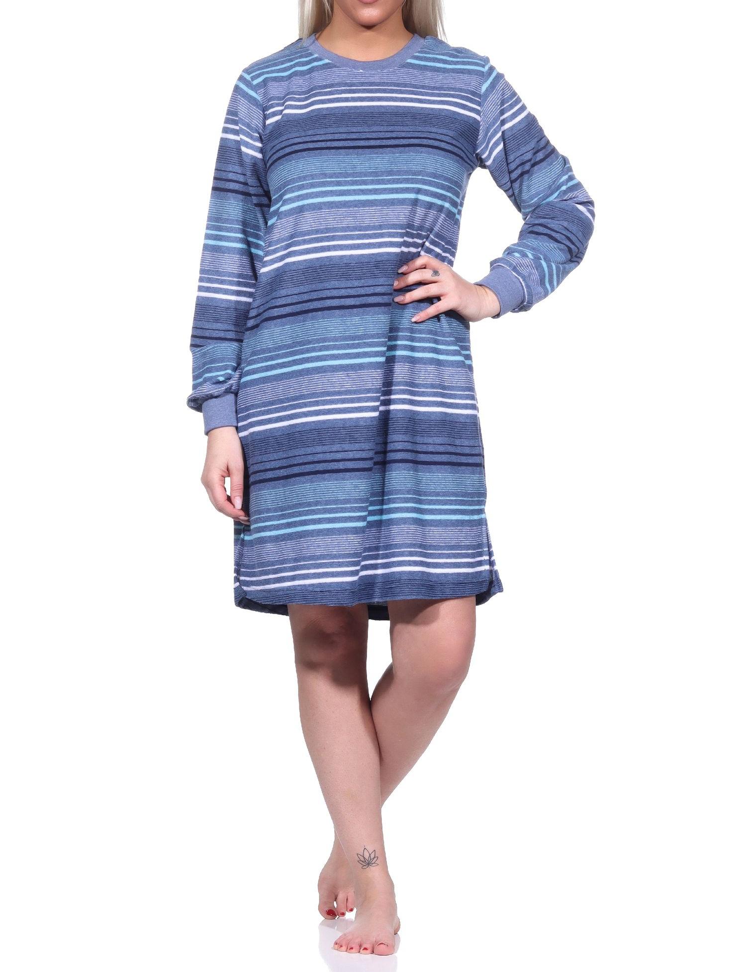 Damen Frottee Nachthemd langarm mit Bündchen in Streifendesign - auch in Übergrössen