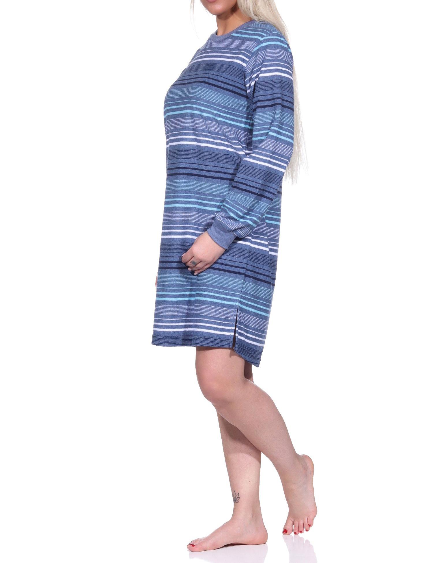 Damen Frottee Nachthemd langarm mit Bündchen in Streifendesign - auch in Übergrössen