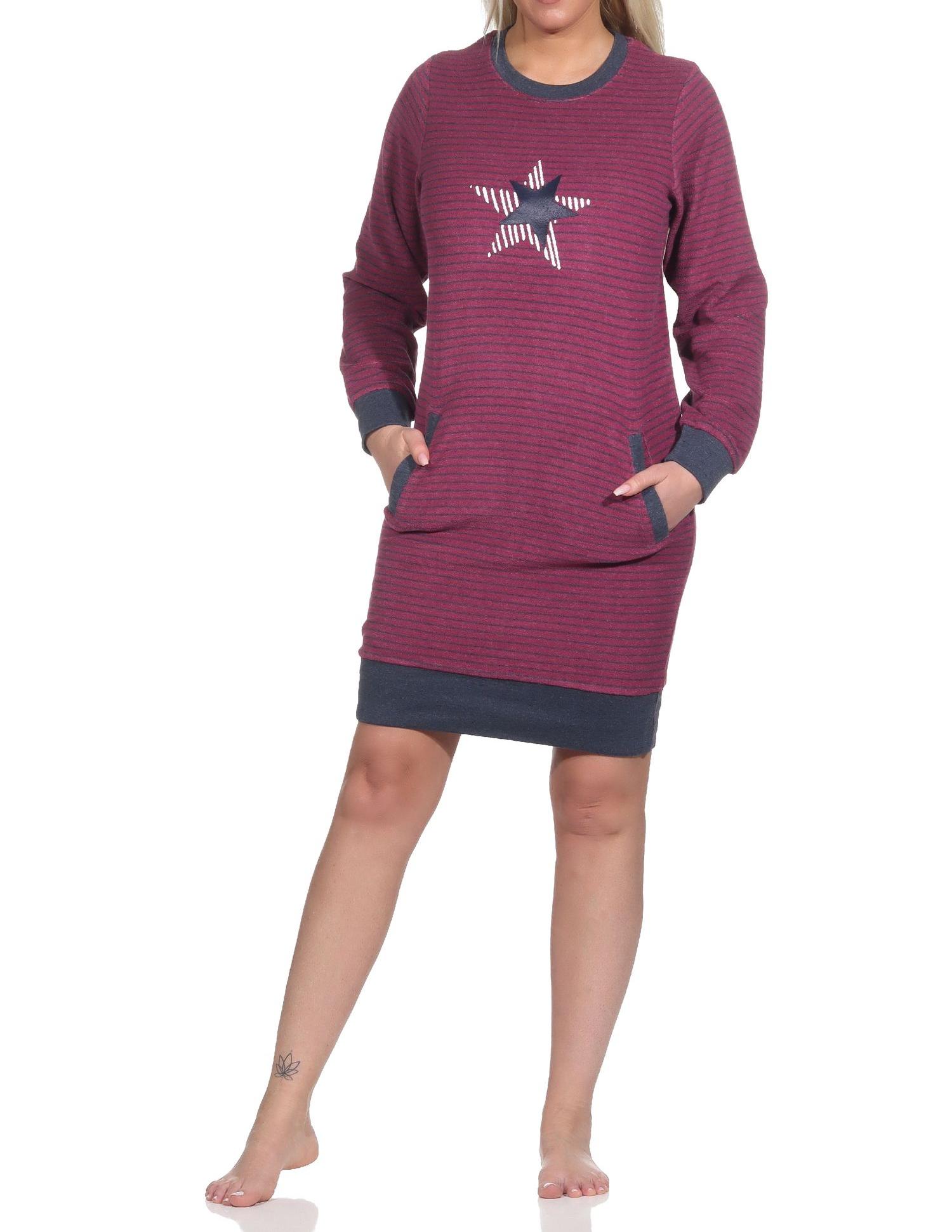 Damen Frottee Nachthemd mit Bündchen in Streifenoptik + Sternenmotiv - auch in Übergrössen