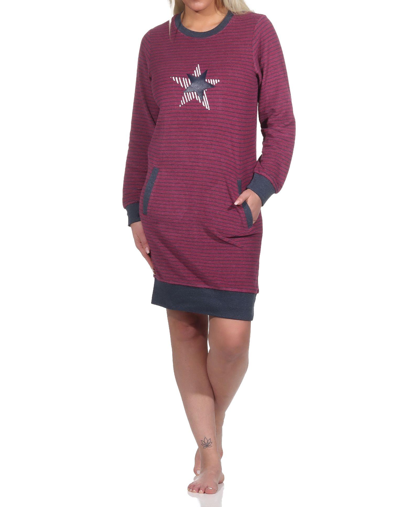 Damen Frottee Nachthemd mit Bündchen in Streifenoptik + Sternenmotiv - auch in Übergrössen