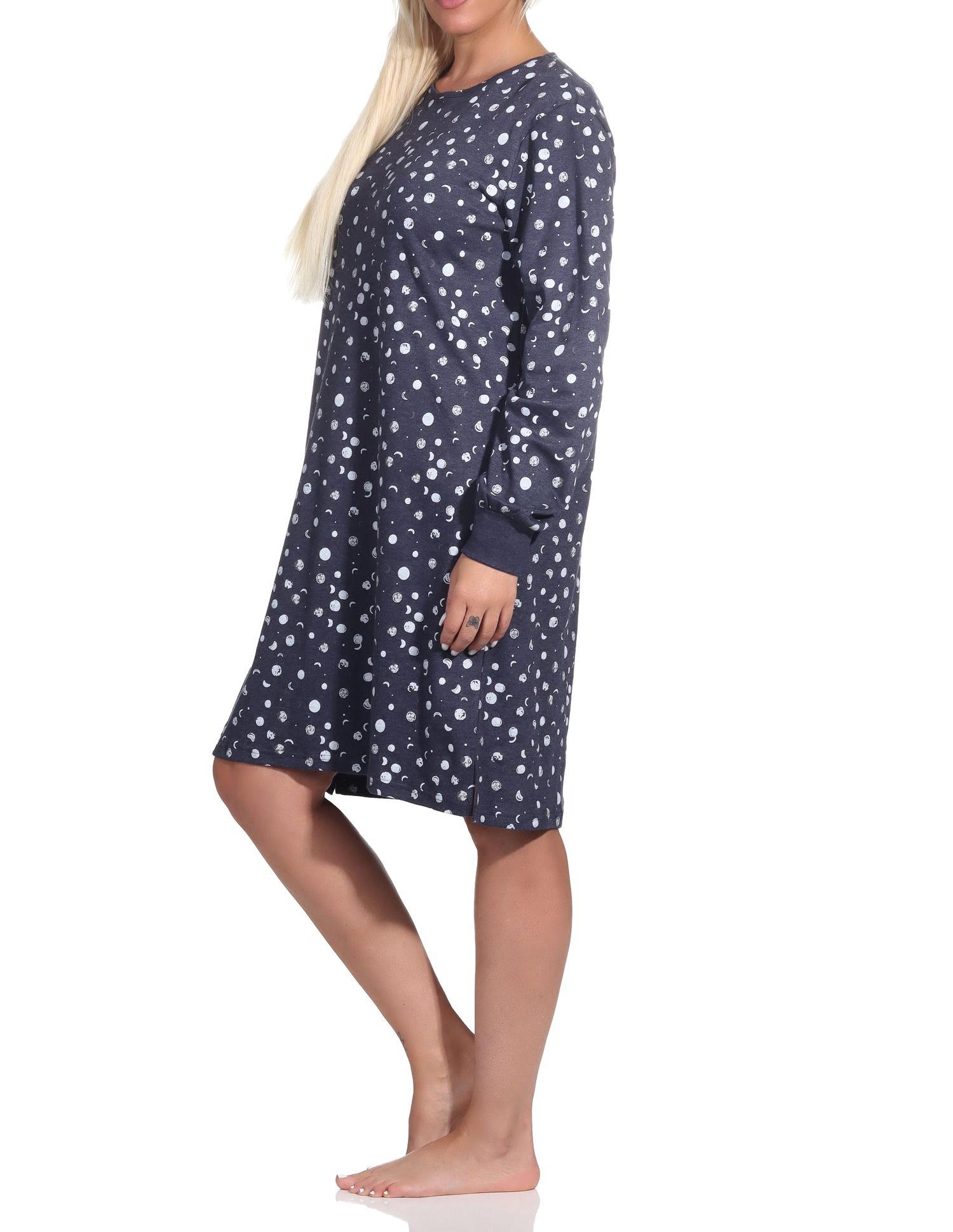Damen langarm Nachthemd mit Bündchen in Kuschel Interlock Qualität in Tupfen Punkte Optik