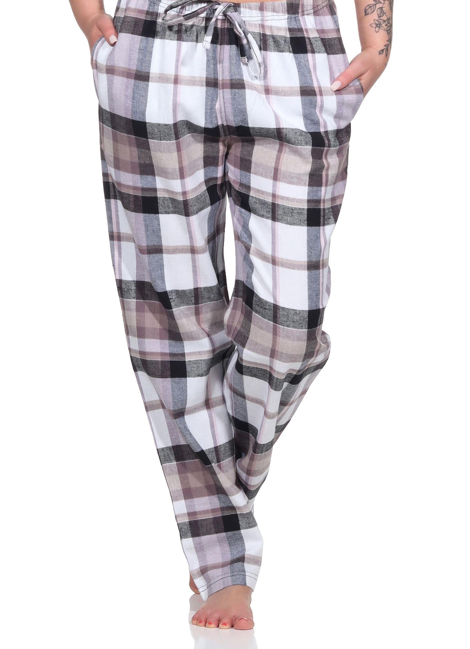 Damen Flanell Pyjama Hose, karierte Schlafanzug Hose lang